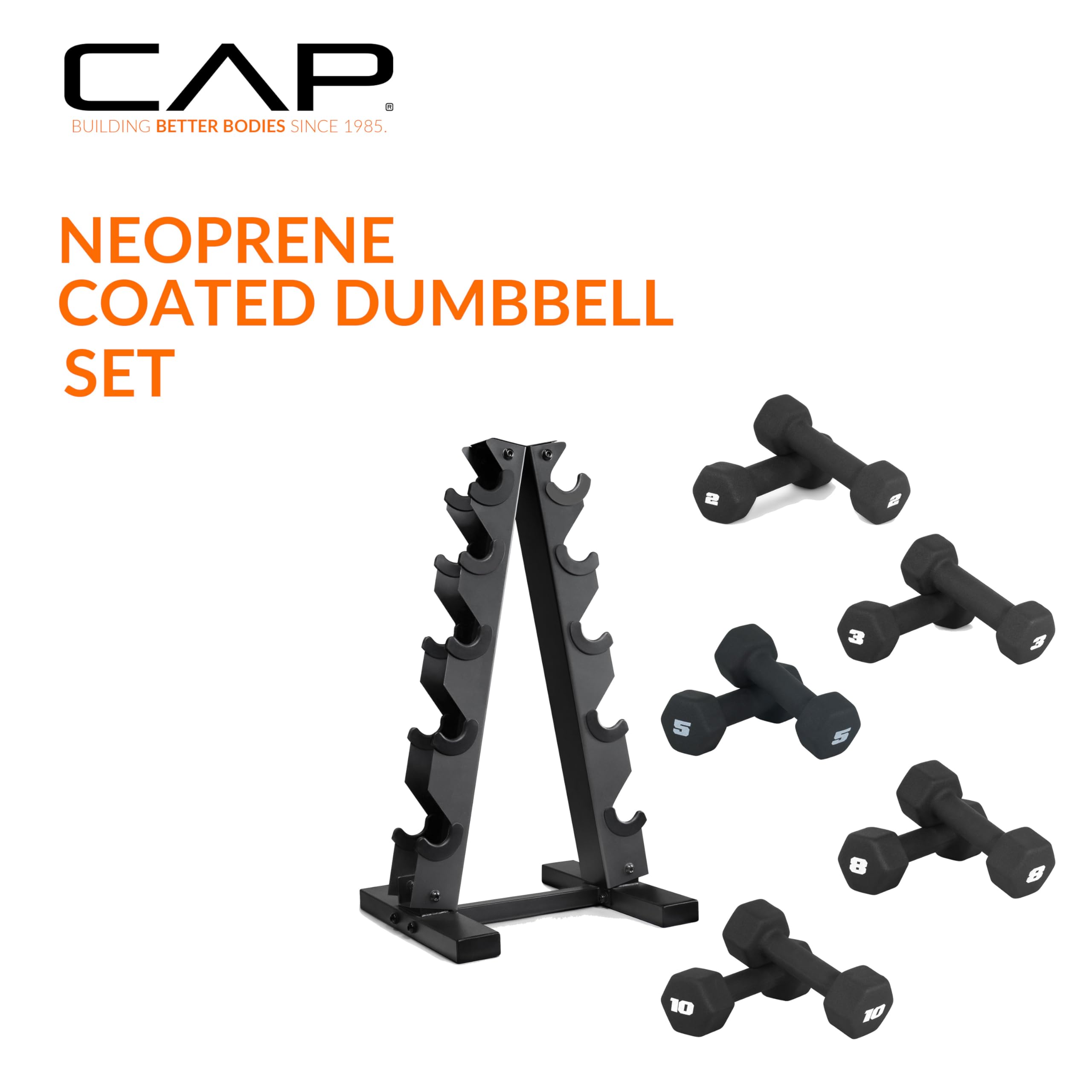 CAP Barbell 56 LB Set of Neoprene Dumbbells with Rack Black | 2, 3, 5, 8, 10 LB pairs