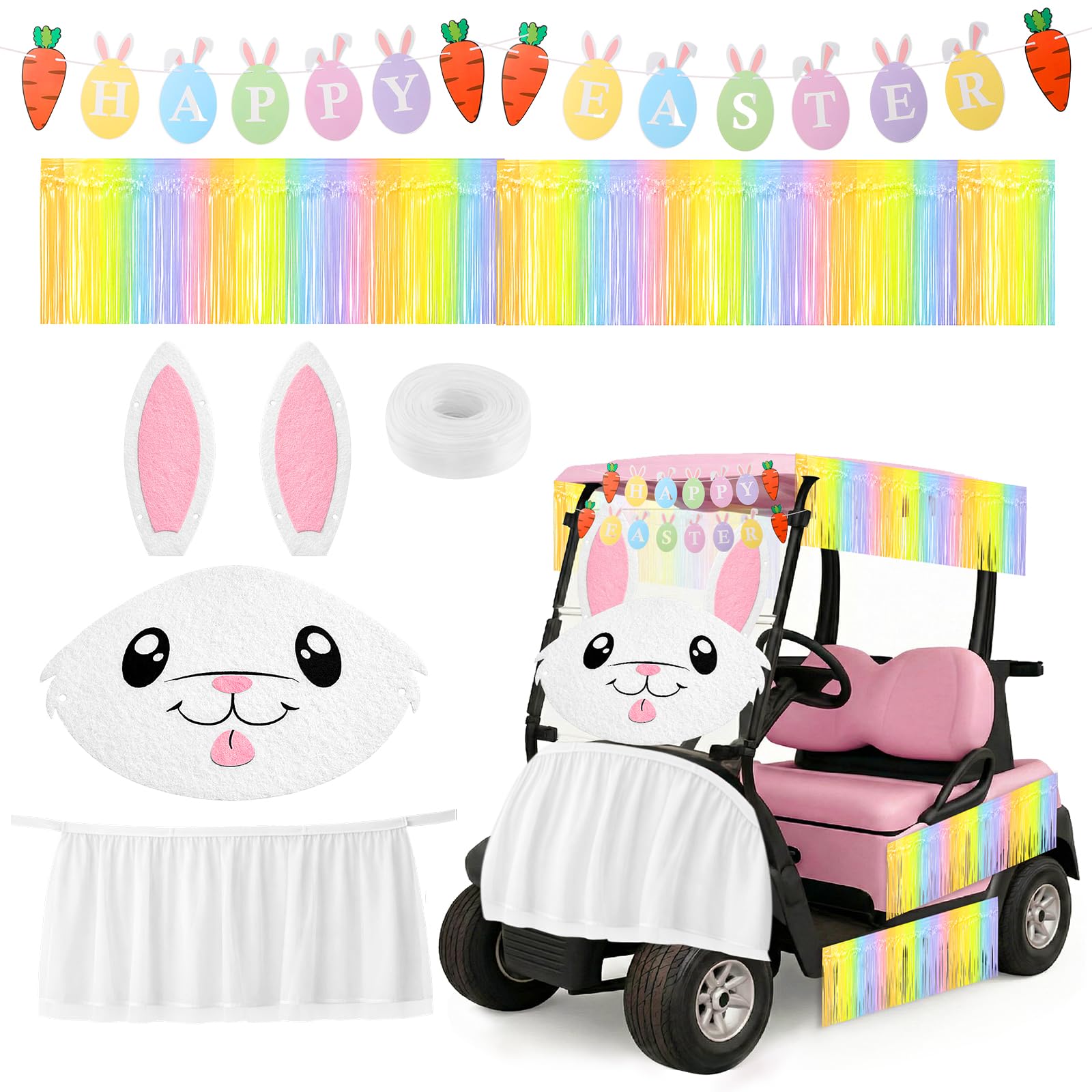 Tosstuki Easter Golf Cart Parade Decoration Kit Easter Paper Banner Decoration White Tulle Skirt Bunny Face and Ears Pastel Grad