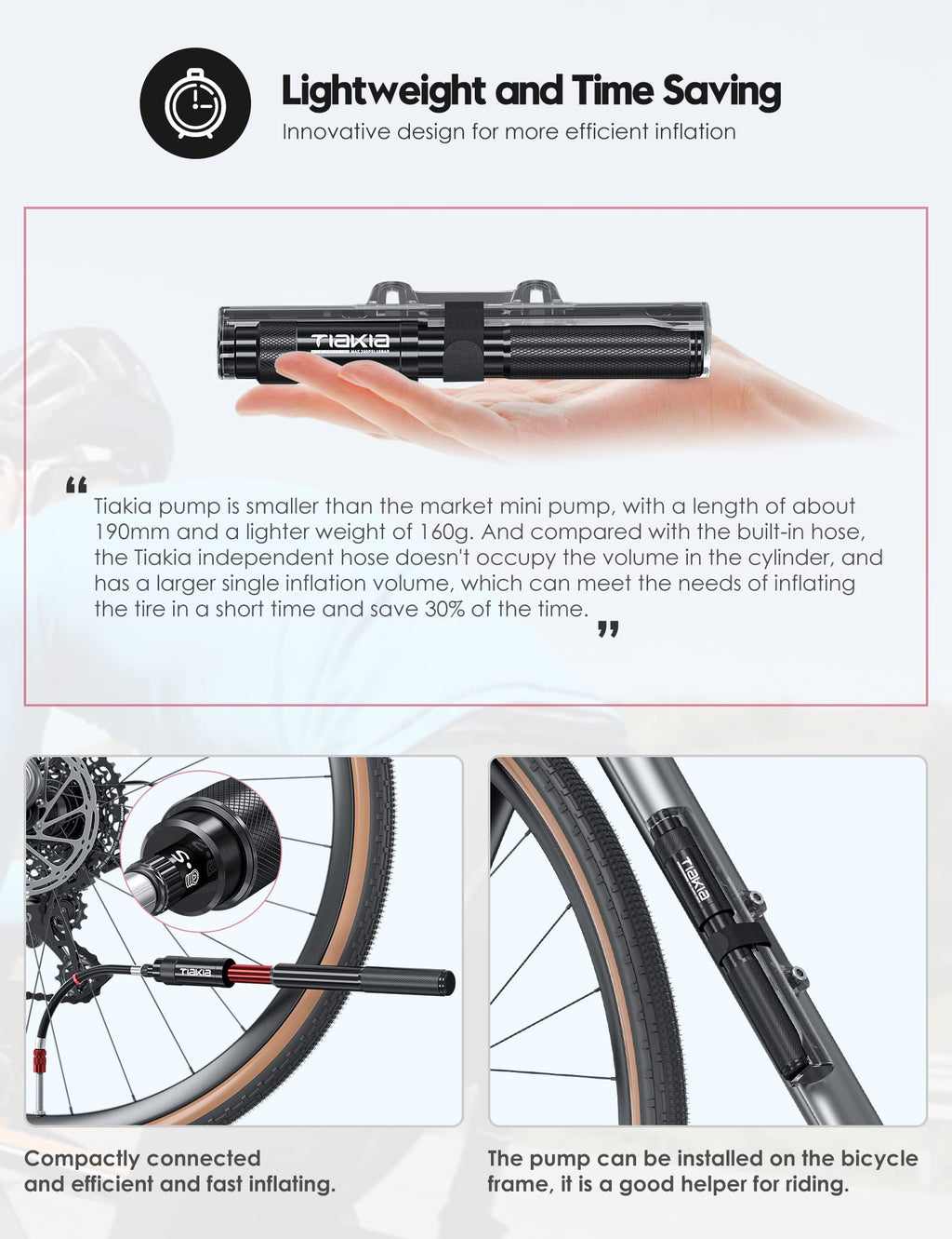 Tiakia Mini Bike Pump,Portable Compact Bicycle Pump,High Pressure Frame Pump 260Psi- Air Hand Pump Fit Presta, Schrader & Woods