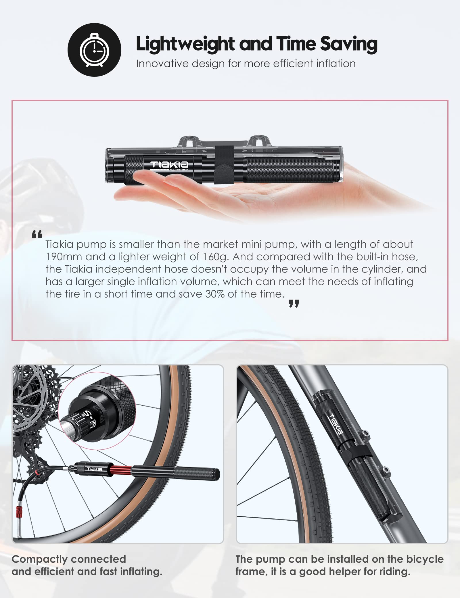 Tiakia Mini Bike Pump,Portable Compact Bicycle Pump,High Pressure Frame Pump 260Psi- Air Hand Pump Fit Presta, Schrader & Woods
