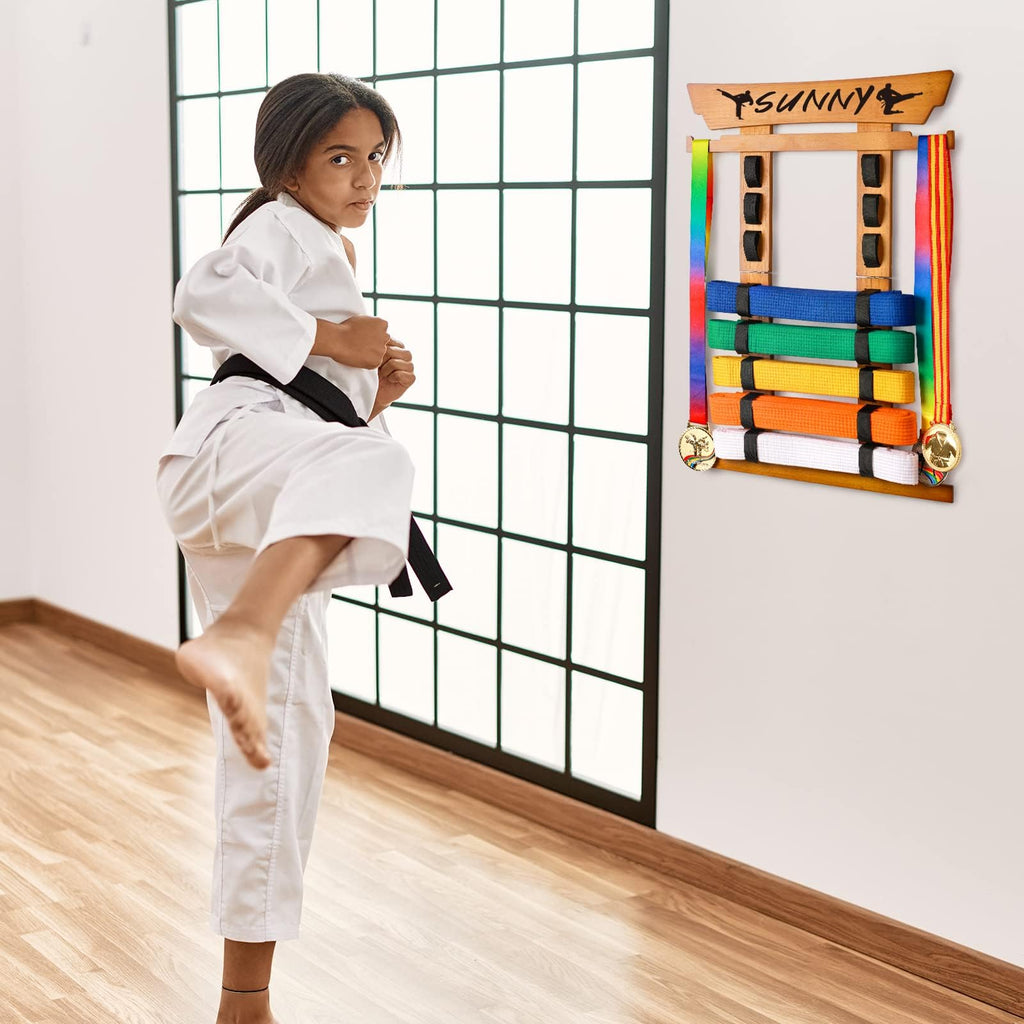 Tilhumt Karate Belt Display Rack Holder, Bamboo Taekwondo Belt Display With Stickers, Martial Arts Belt Display For 8 Belts With