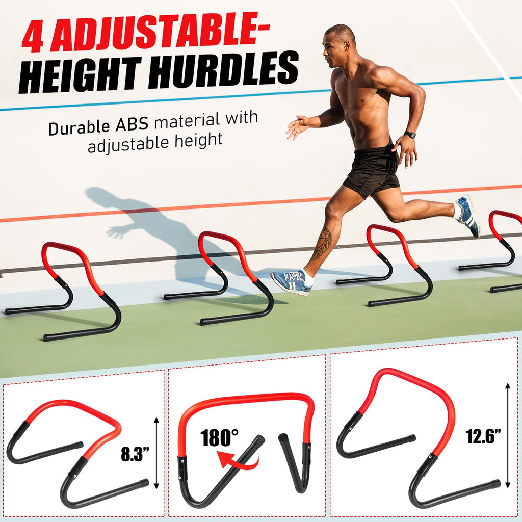 Agility Speed Training Equipment Set - 20Ft Speed Ladder, 12 Cones, 4 Adjustable Hurdles, Jump Rope, Parachute, 3 Resistance Ban