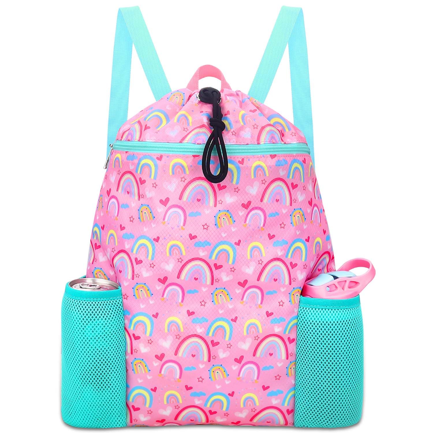 RHCPFOVR Rainbow Drawstring Backpack for Kids - Drawstring Bags for Girls Swim Bag for Beach Swimming Pool Lightweight Draw Stri