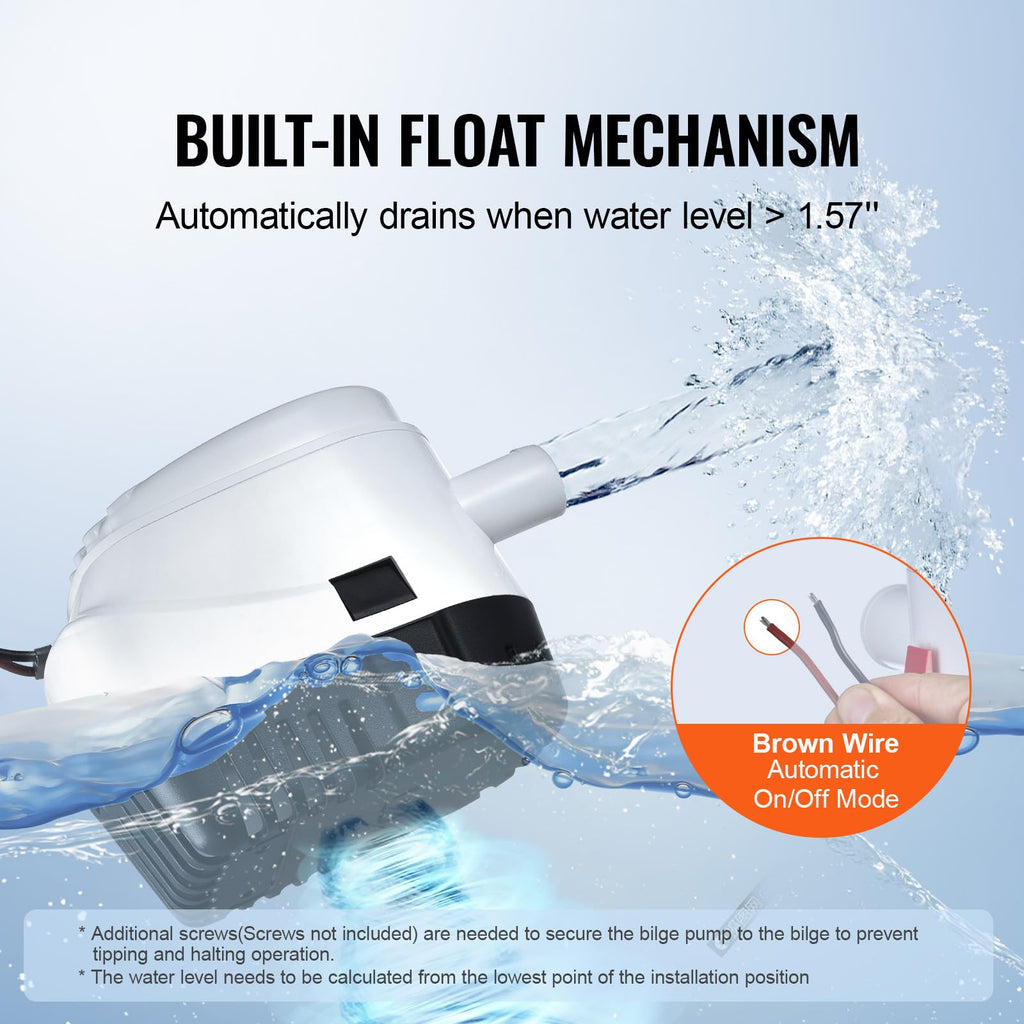 Vevor Bilge Pump, 750Gph 12V Automatic Submersible Boat Bilge Water Pump With Float Switch, 0.7'' Outlet Diameter, Small Boat Bi