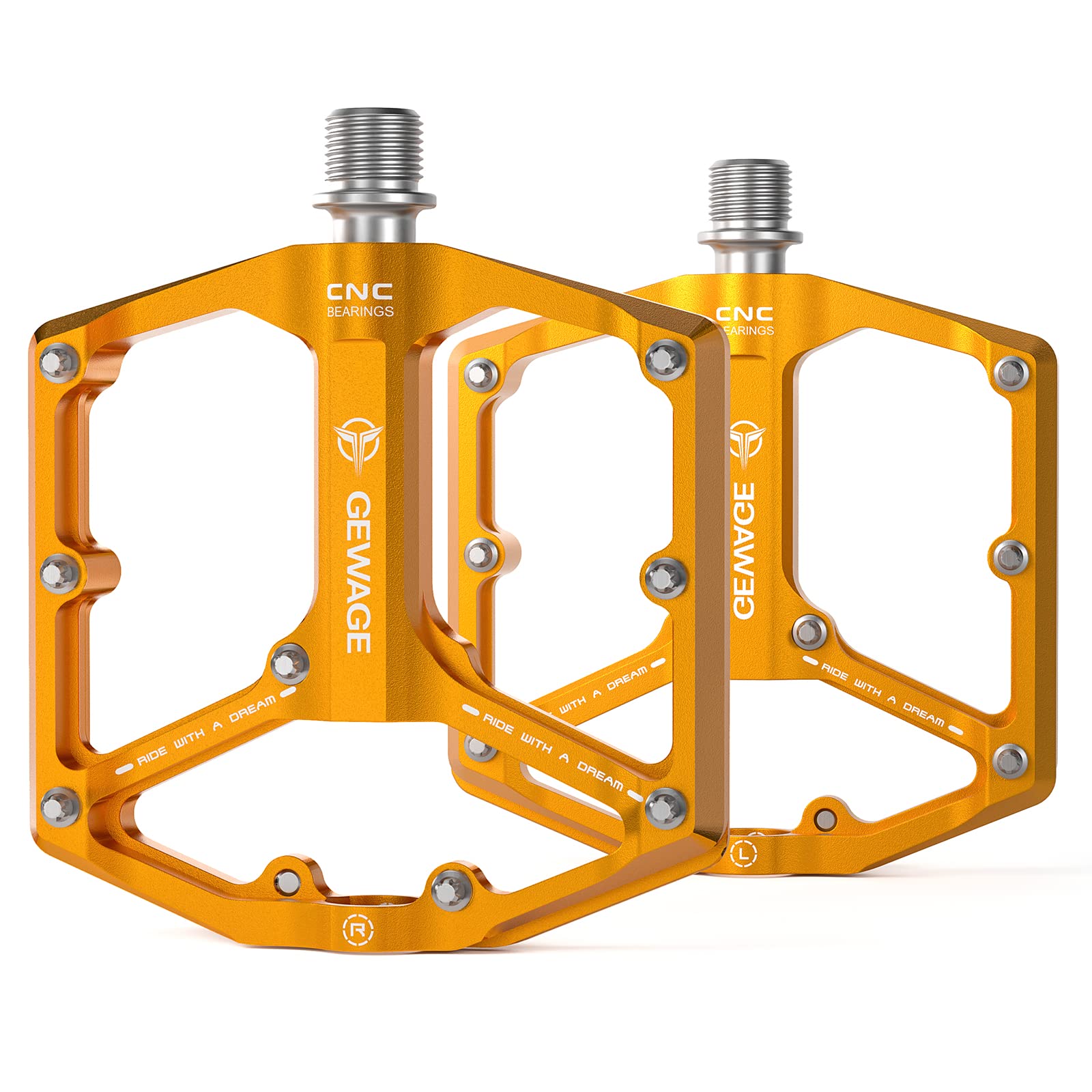 Road/Mountain Bike Pedals - 3 Bearings Bicycle Pedals - 9/16    CNC Machined Flat Pedals with Removable Anti-Skid Nails (Gold)