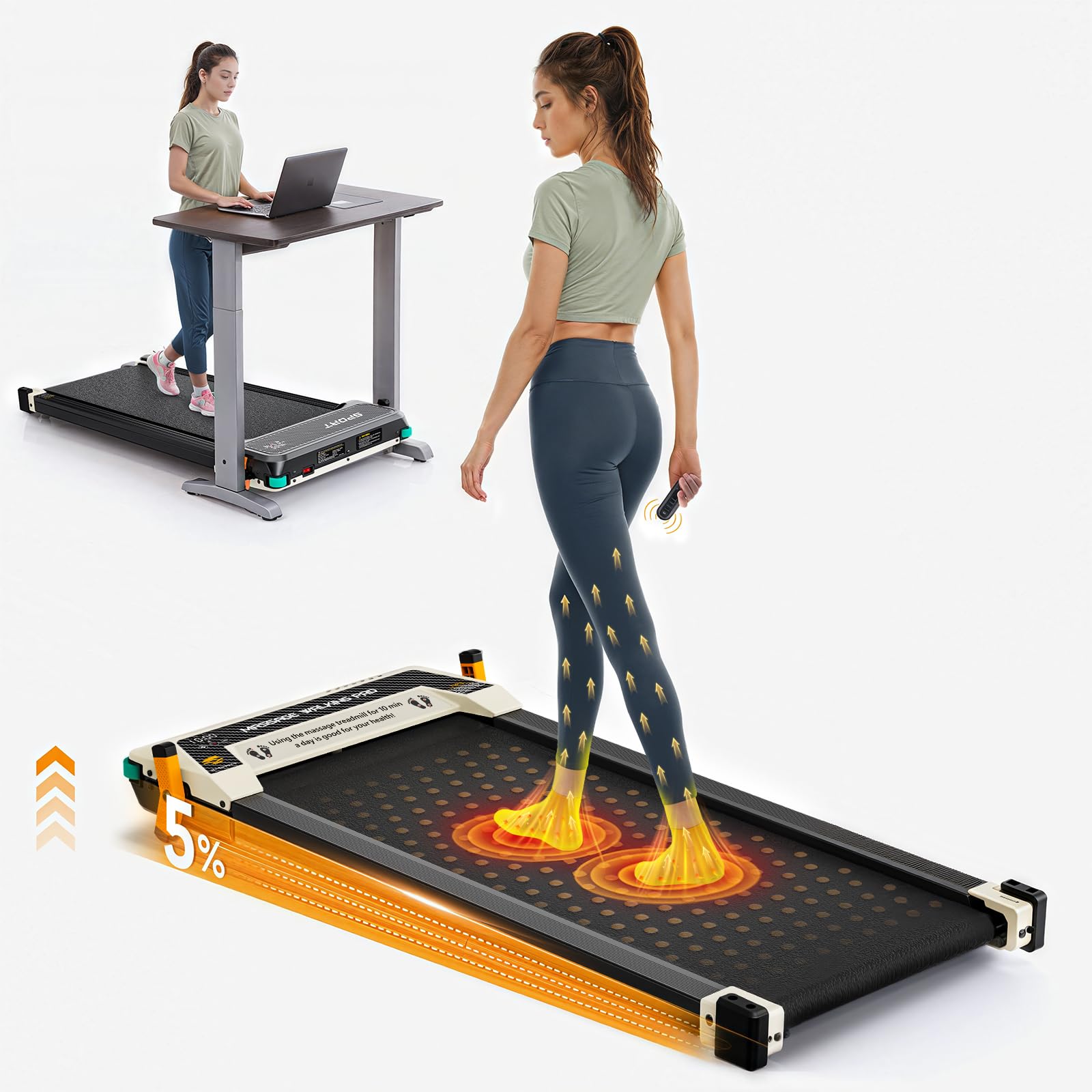 FUNRAY Versatile Walking Pad with Incline - Dual-Sided Under Desk Treadmill with Foot Massage,Portable Compact Treadmills with 3