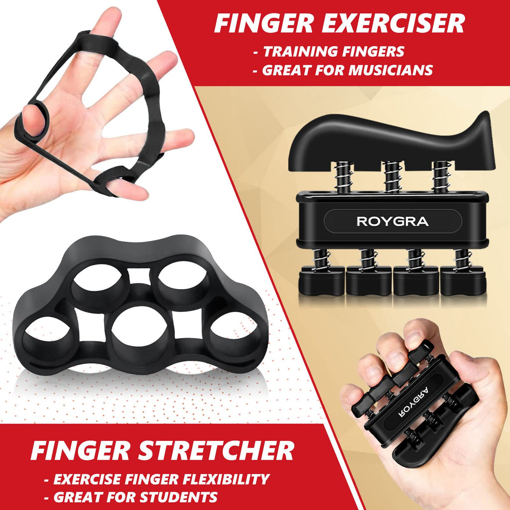 Roygra Grip Strength Trainer, Forearm Workout, Hand & Finger Exerciser - 5 Pack (Black)