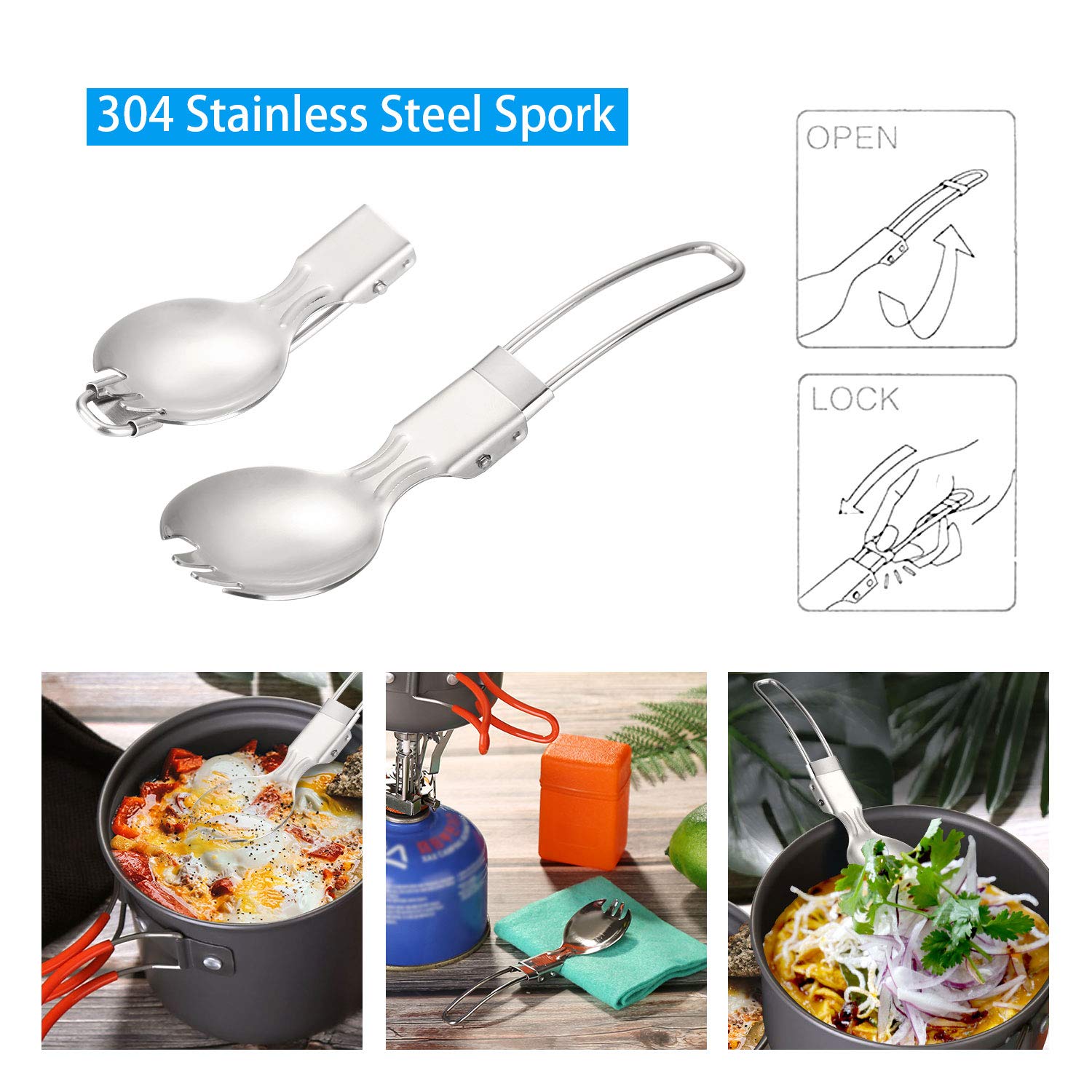 Odoland 6Pcs Camping Cookware Mess Kit With Lightweight Pot, Stove, Spork And Carry Mesh Bag, Great For Backpacking Outdoor Camp