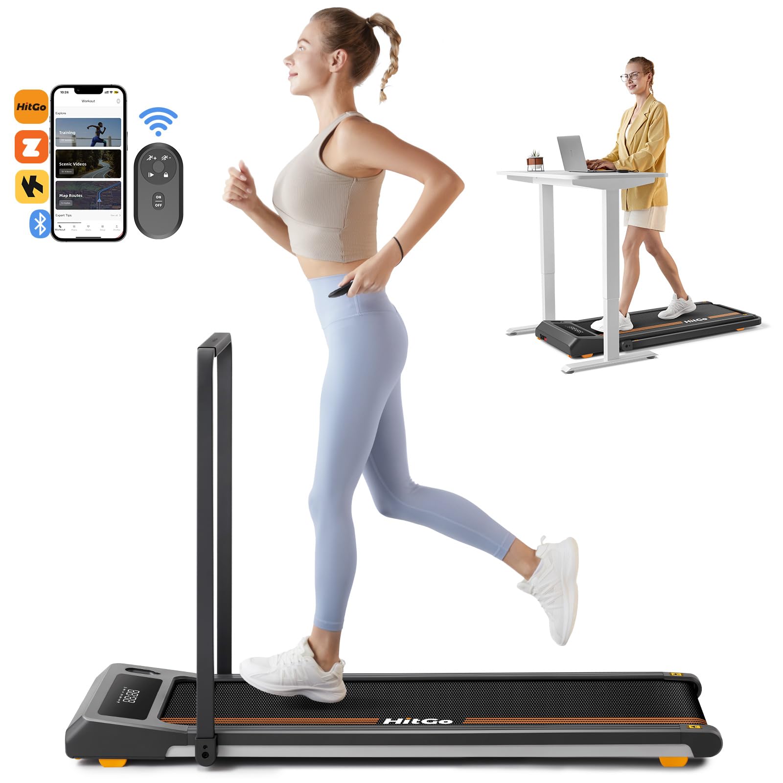 Hitgo Walking Pad For Home Office, Portable Under Desk 2 In 1 Treadmill With Foldable Handle, Remote Control, App, And Led Displ