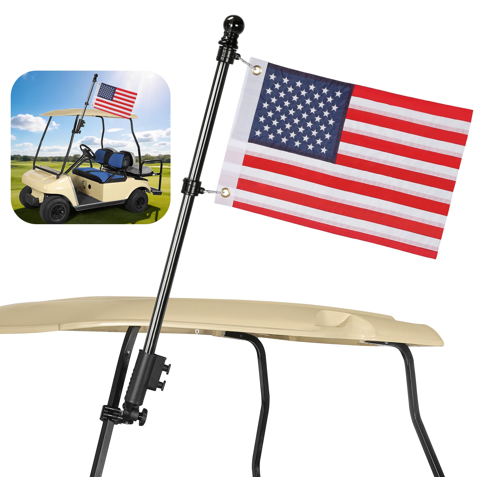 Golf Cart Flag Pole with Flag Holder Mount Kit,Fit for Yamaha,Club Car,EZGO Golf Cart,Golf Push Cart,Boat,Bike,Heavy Duty Alumin