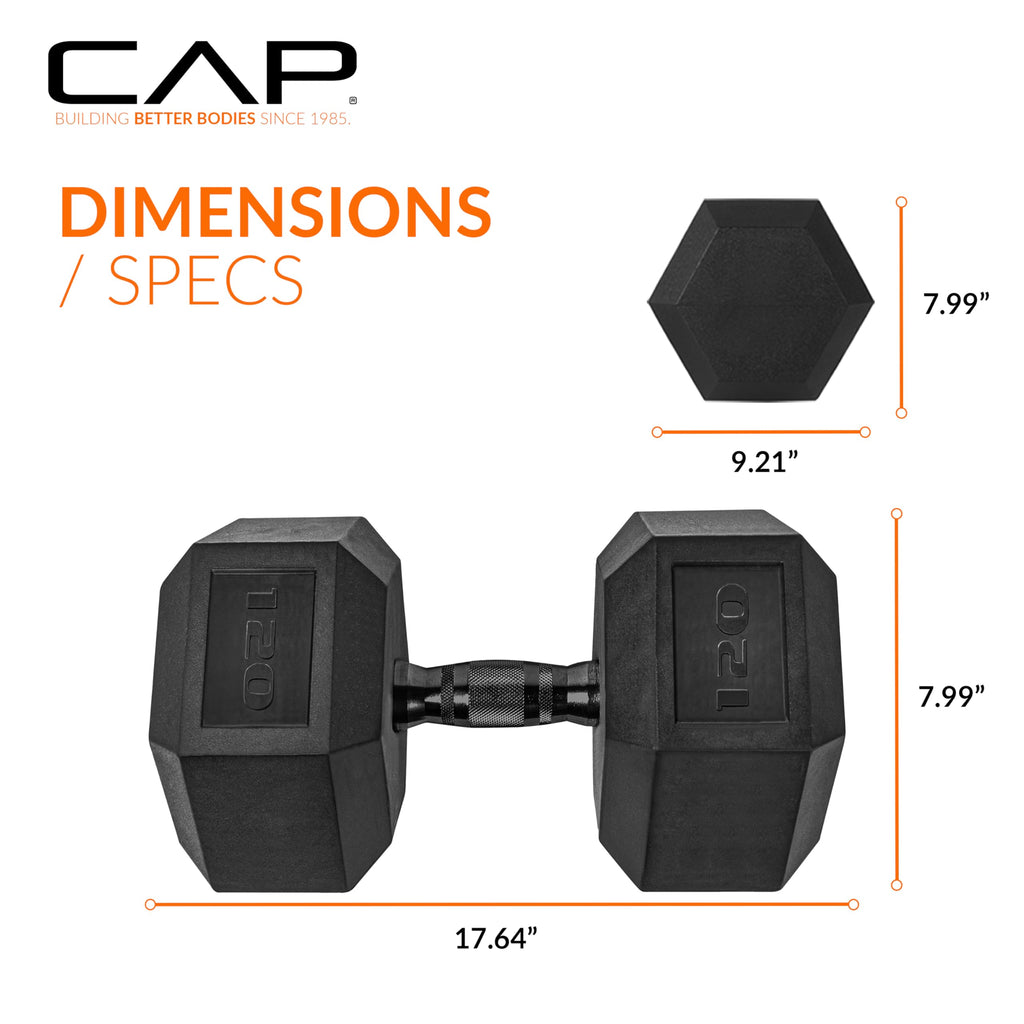 CAP Barbell 120 LB Rubber Coated Hex Dumbbell Hand Weight - Pair | Black Handle