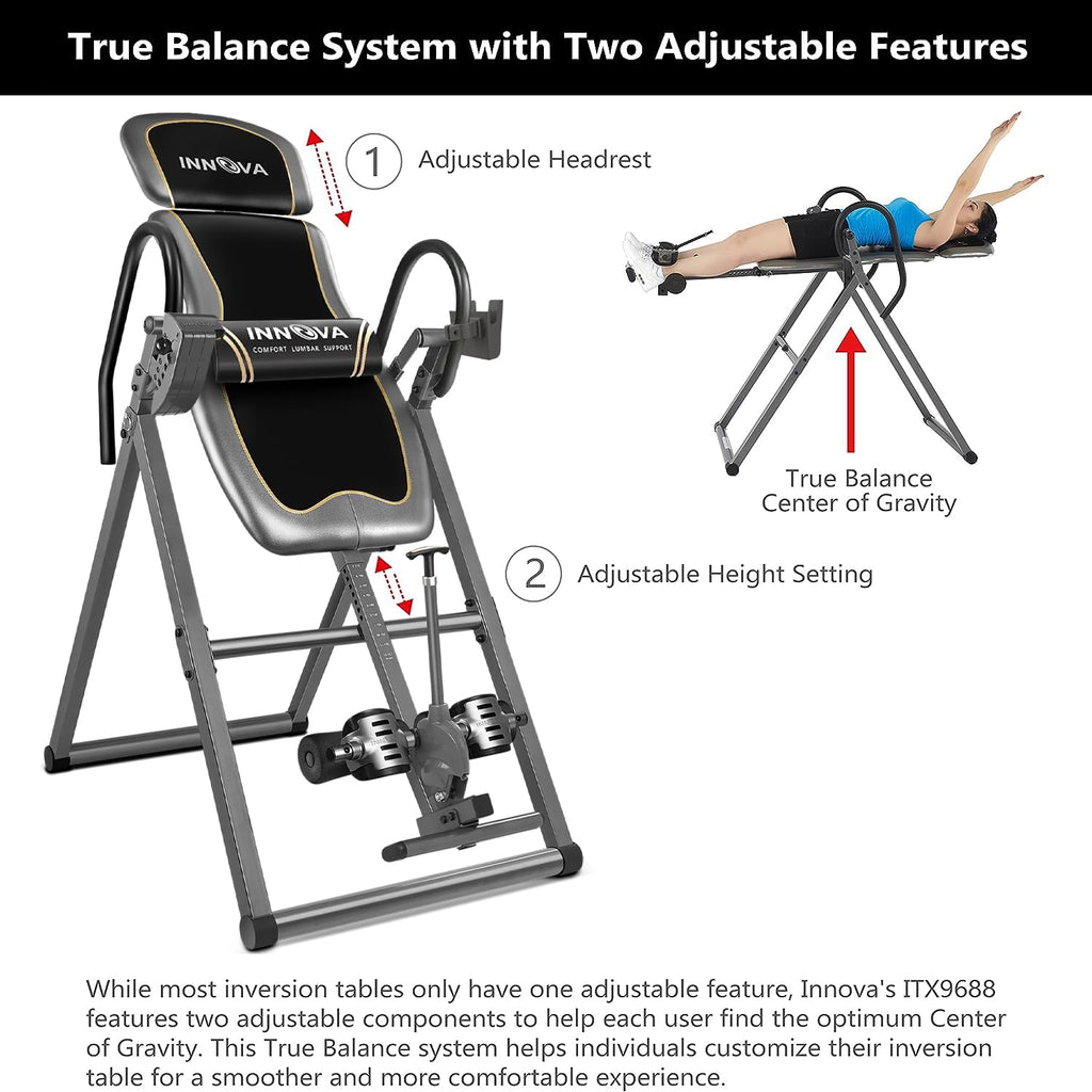 Innova Health And Fitness Itx9688 Heavy Duty Inversion Table, Extended Ankle Holding System, 300 Lb Weight Capacity, Gray/Black