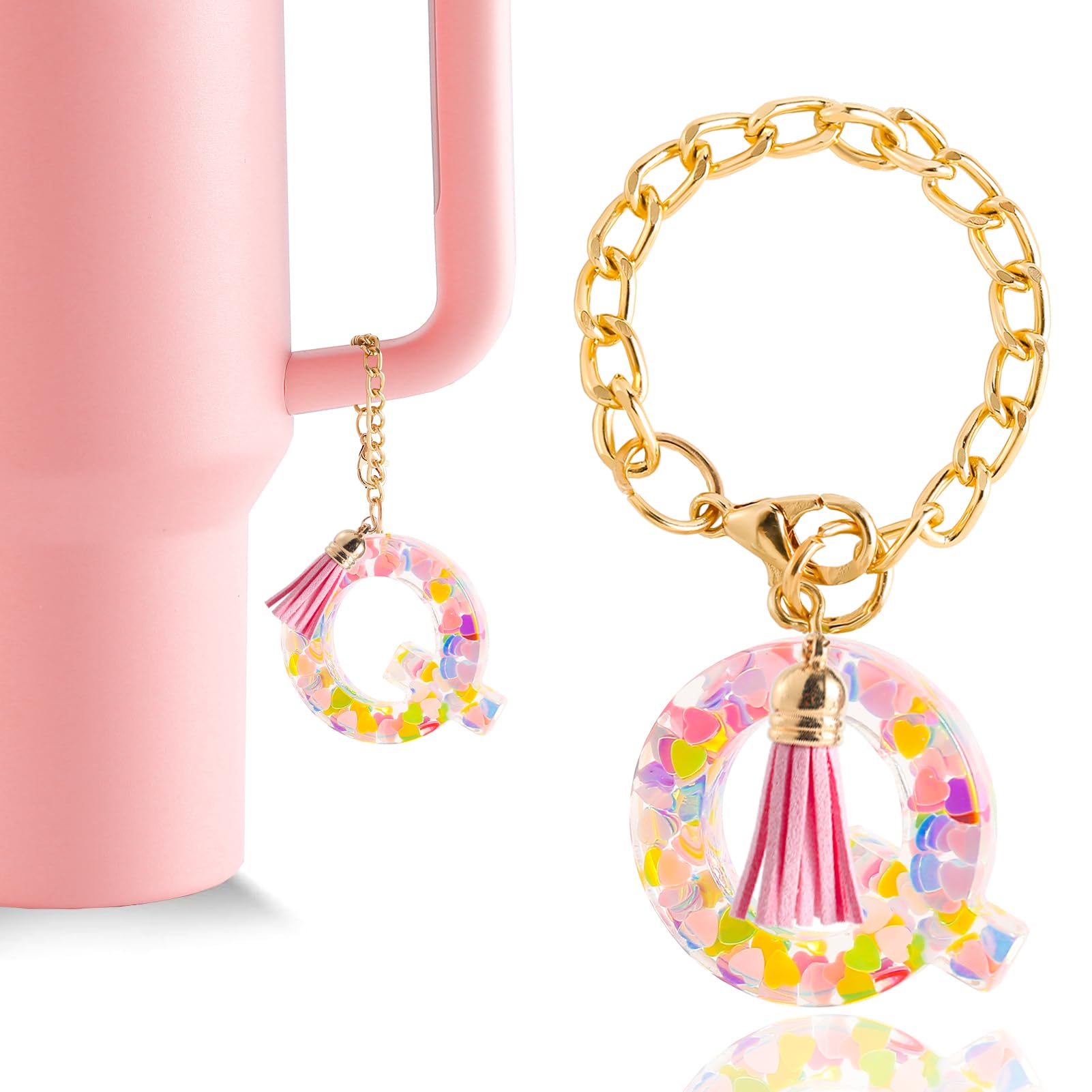 Letter Charm Accessories for Stanley Cup 1 PCS Cute Initial Keychain Handle Charm for Stanley Tumbler for Women Pink Letter Q