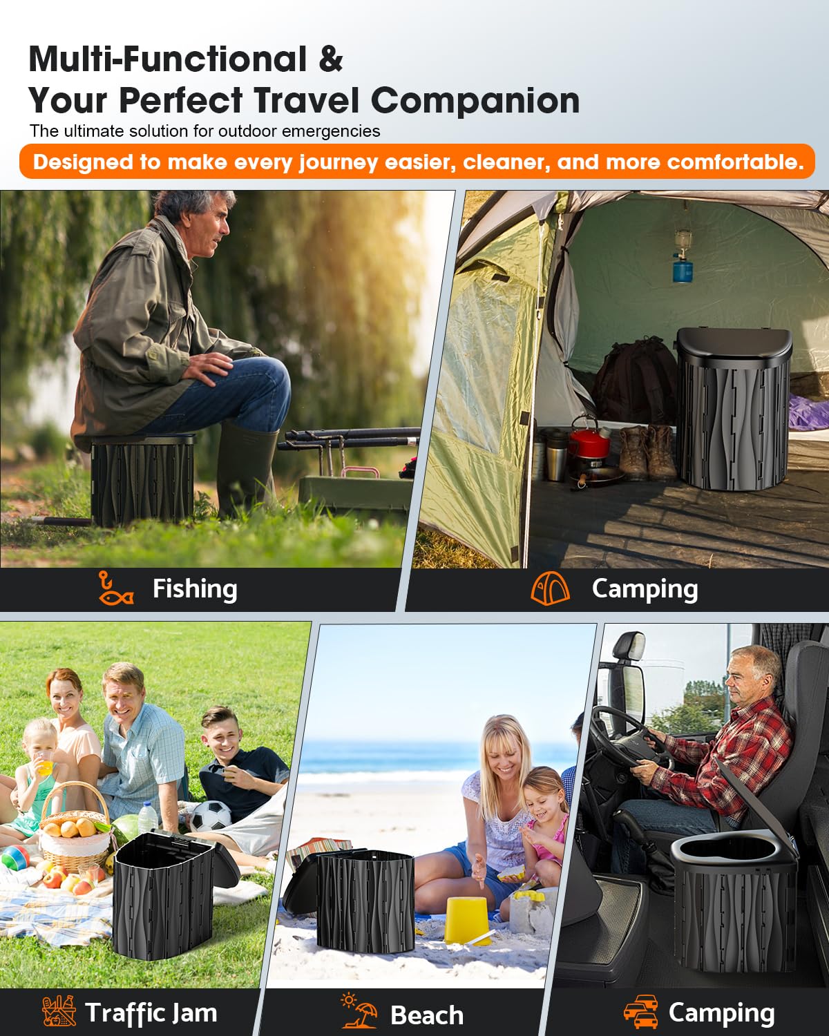 New Upgraded 15'' Xl Portable Toilet For Adults, Camping Toilet Tested 500 Lbs With Lid & Removable Paper Holder, Portable Potty