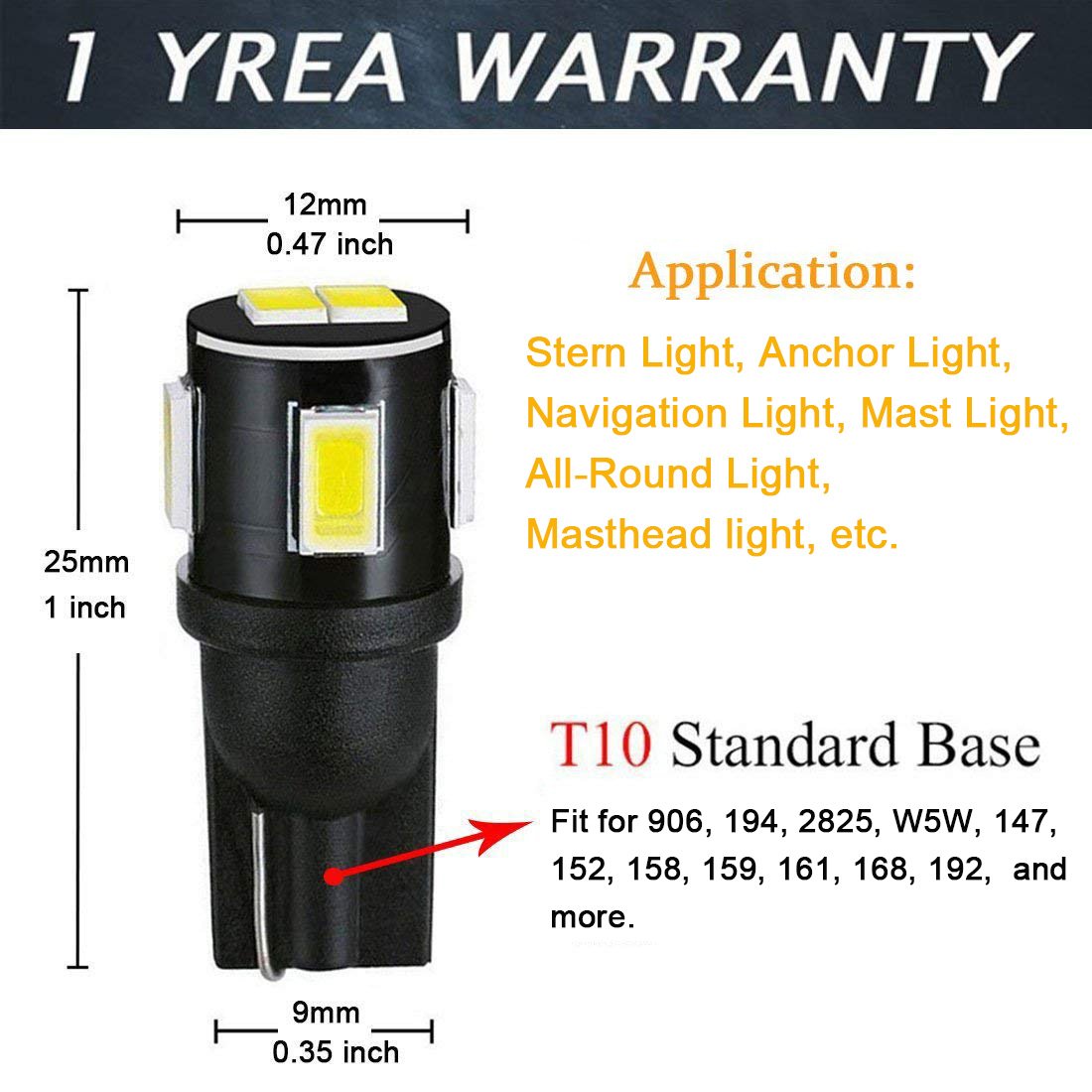 Shangyaun 906 Led Bulbs T10 Wedge Base Marine Boat Light Bulb Fit Stern Light Anchor Light Navigation Lights All-Round Light Mas