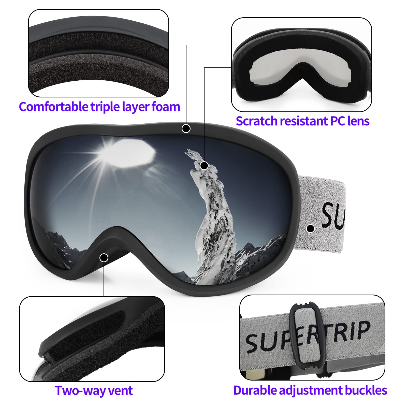 Supertrip Snow Ski Goggles Anti-Fog 100% Uv Protection Snowboard Skiing Goggles (Black Frame/Gray Lens (Vlt 10%))