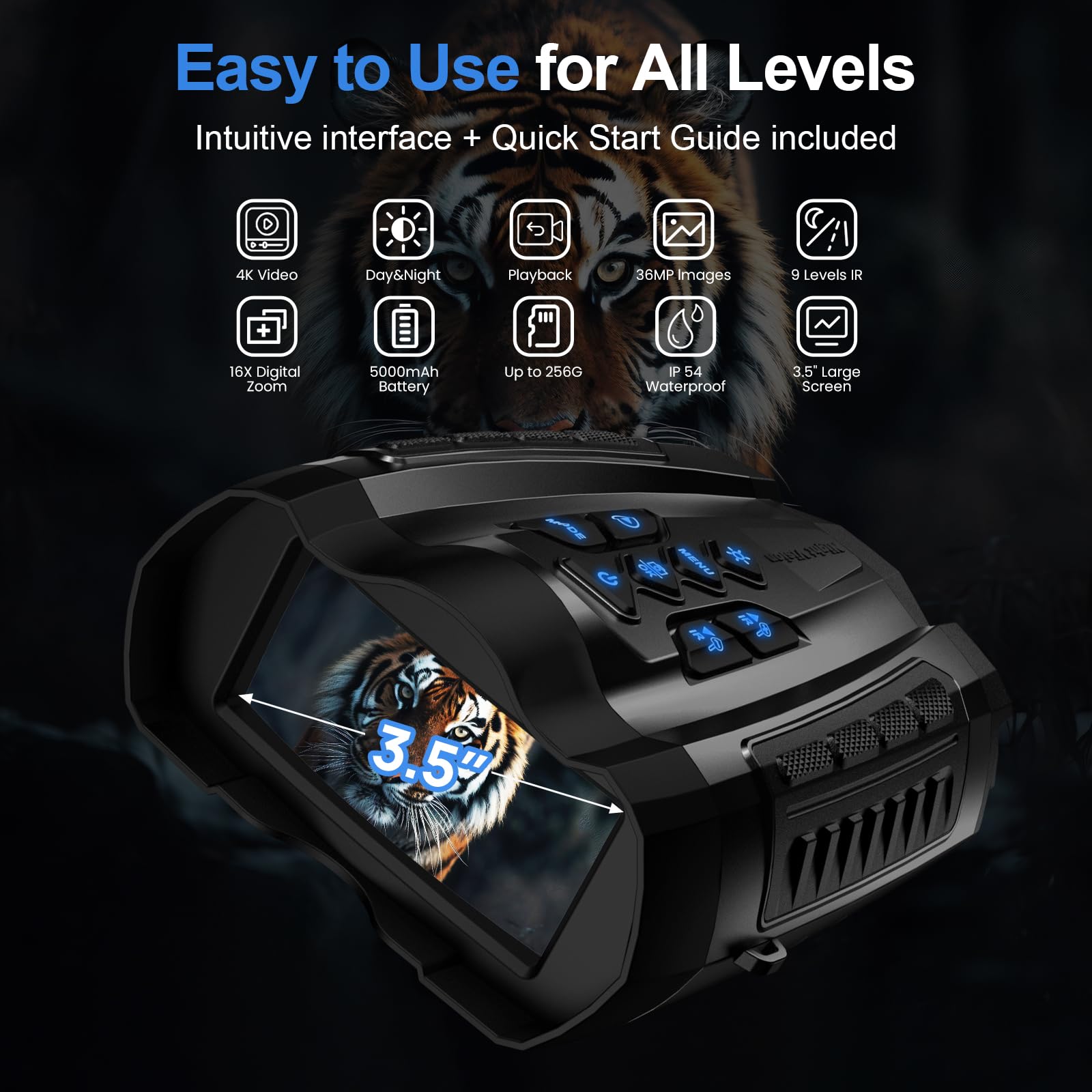 WARMTUYO Night Vision Goggles, 4K Binoculars with Camera, 3.5  HD Display and 32GB TF Card, 9 Gear Night Vision, 16X Digital Zoo