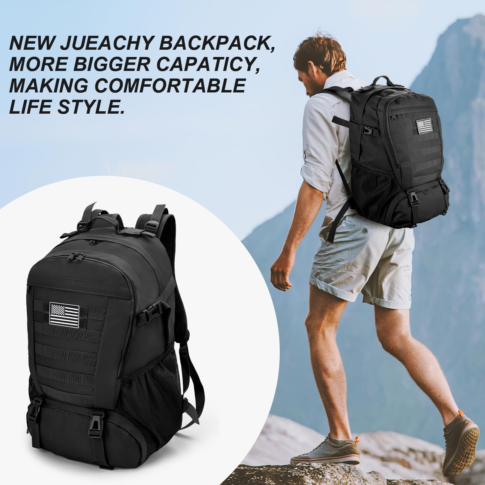 Jueachy Tactical Backpack 35L Military Bag: Waterproof Army Hiking Backpack Molle Bookbag Edc Bag