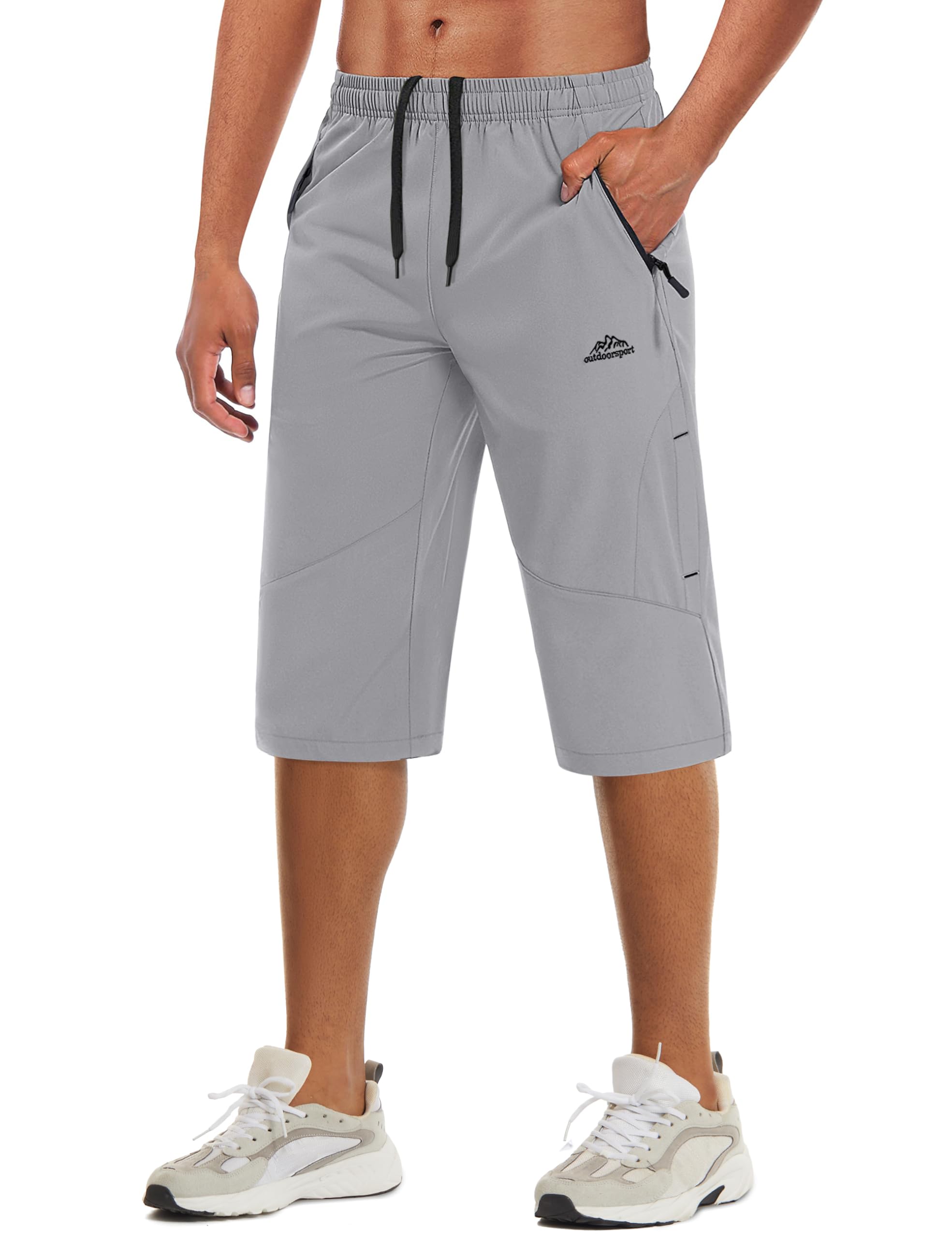 MAGCOMSEN Men Capri Workout Shorts Outdoor Quick Dry Knee Length 3/4 Gym Drawstring Training Workout Beach Shorts Light Grey, 34