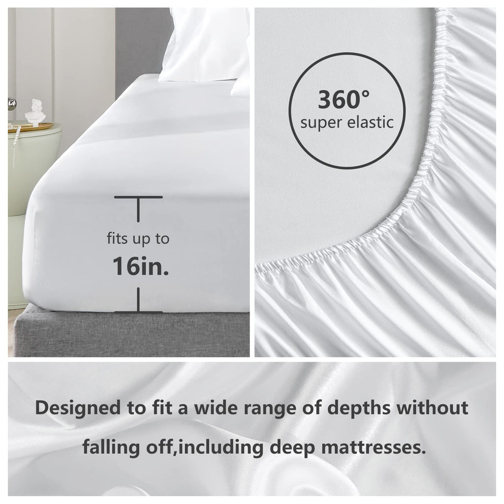 Cozylux Satin Sheets, Full Size Bed Sheets, Silky 4-Pcs Bedding Set, White Satin Sheets With 16 Inches Deep Pocket Fitted Sheet,