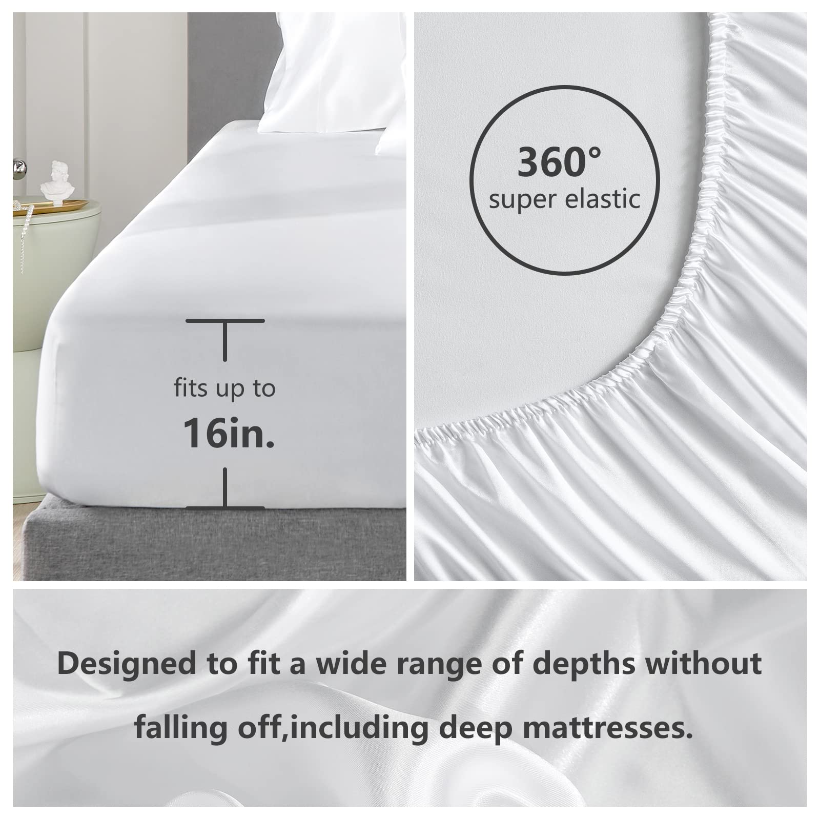Cozylux Satin Sheets, Full Size Bed Sheets, Silky 4-Pcs Bedding Set, White Satin Sheets With 16 Inches Deep Pocket Fitted Sheet,