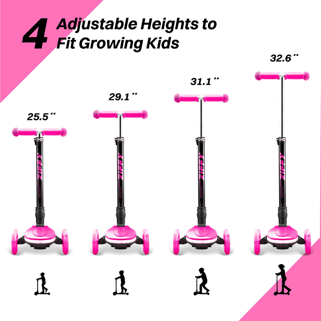 ZIFFY Kids Scooter for Boys & Girls LED Light-Up Wheels, 4 Adjustable Height Handlebars, and Lean-to-Steer Design with Anti-Slip