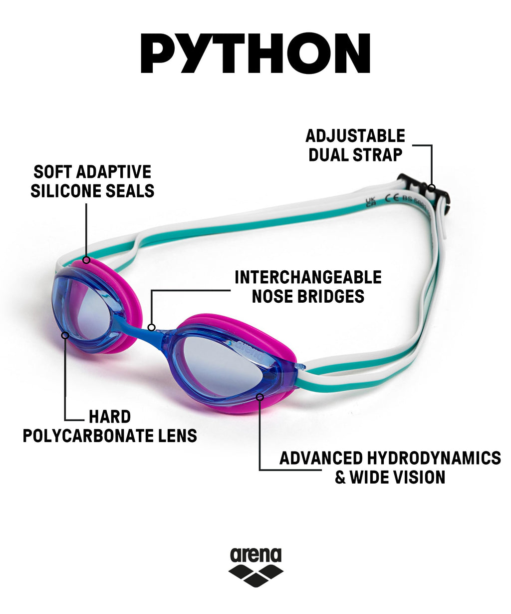 Arena Unisex Python Racing Swim Goggles For Men And Women Anti-Fog Non-Mirror Lens Max Comfort Dual Strap, Blue/Fuchsia/Water