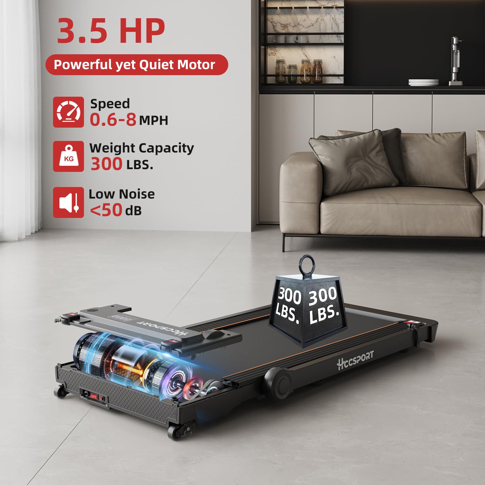 Hccsport Treadmill With Incline, 3 In 1 Under Desk Treadmill Walking Pad With Removable Desk Workstation 3.5Hp Foldable Compact