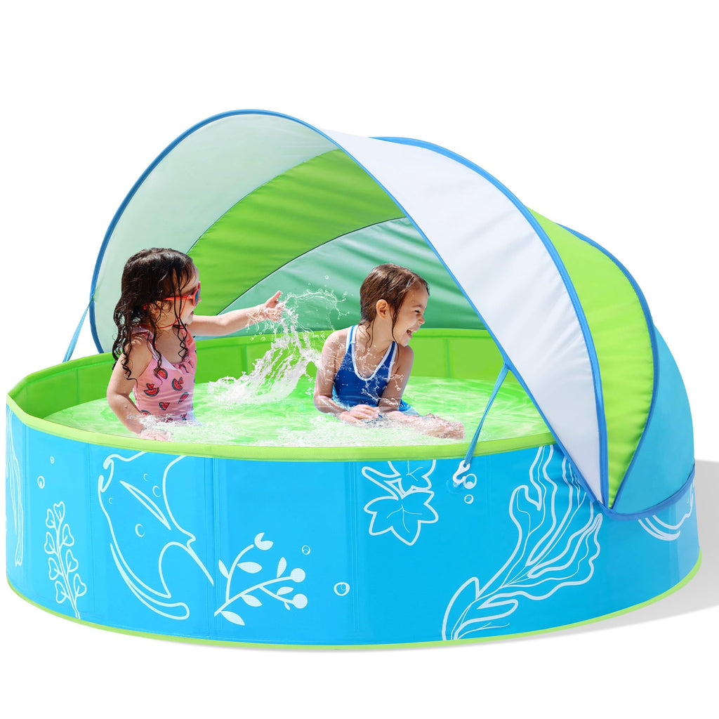 Hikiddy Foldable Kiddie Pool With Canopy: 47In Baby Pool And Beach Tent For Toddlers Infants 6-12 Months And Kids 2-4 Years Old