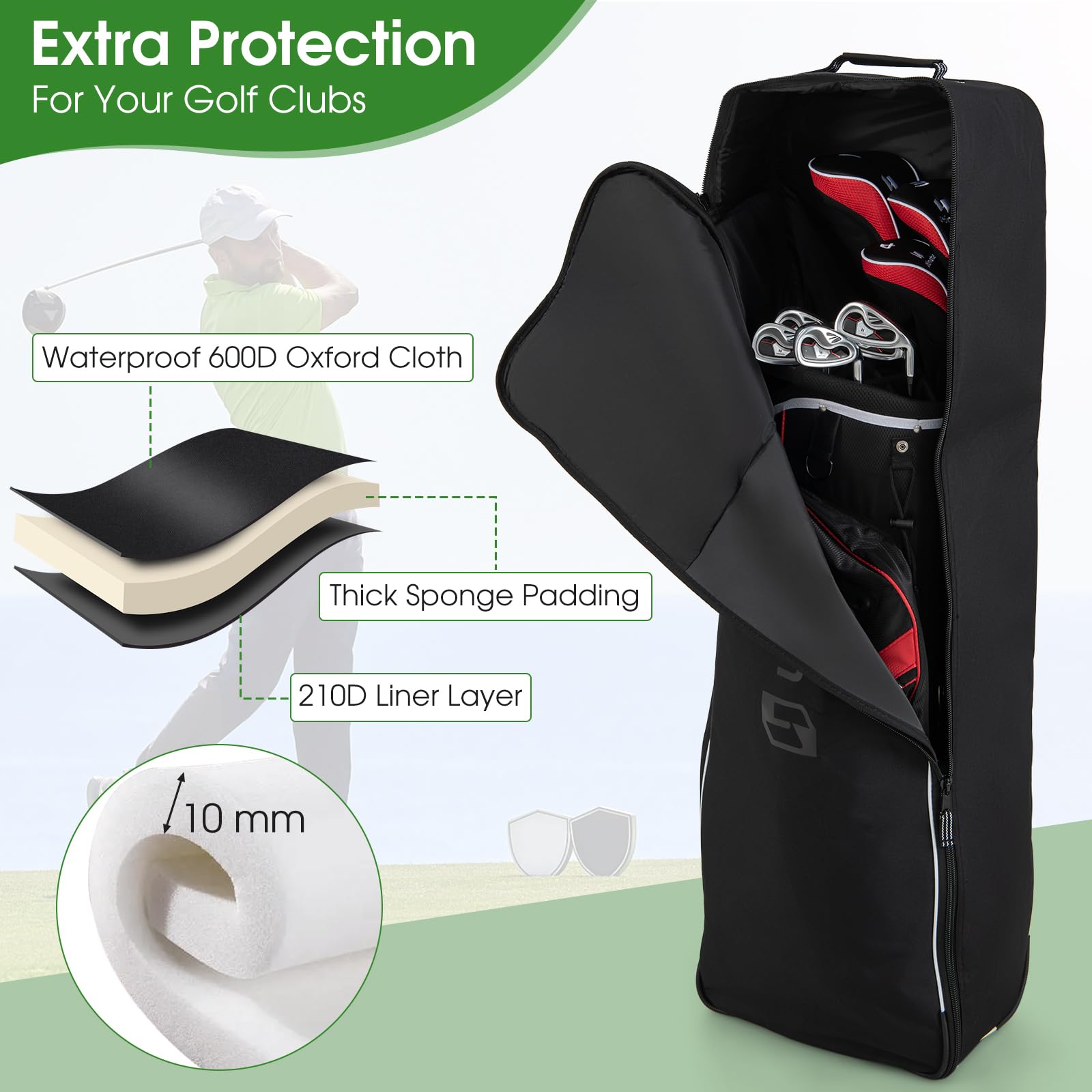 Gymax Golf Travel Bags, Heavy Duty 600D Oxford Cloth Wear Resistant & Waterproof Golf Travel Cover W/Wheels, Thick Sponge, Lock