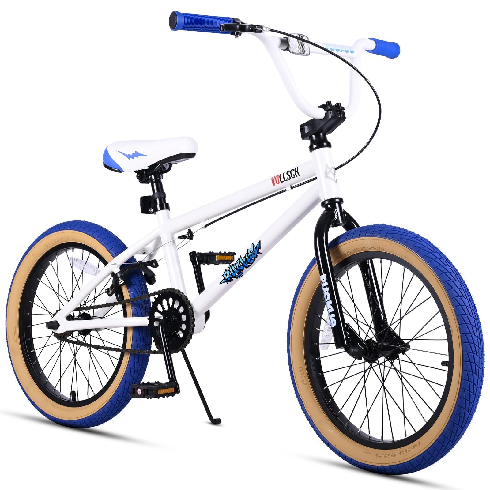 vollsch Freestyle BMX Bikes 18 Inch Kids Bicycle for 6-12 Years Old Teens, Boys, Girls, Beginner-Lever Riders, White with Blue T