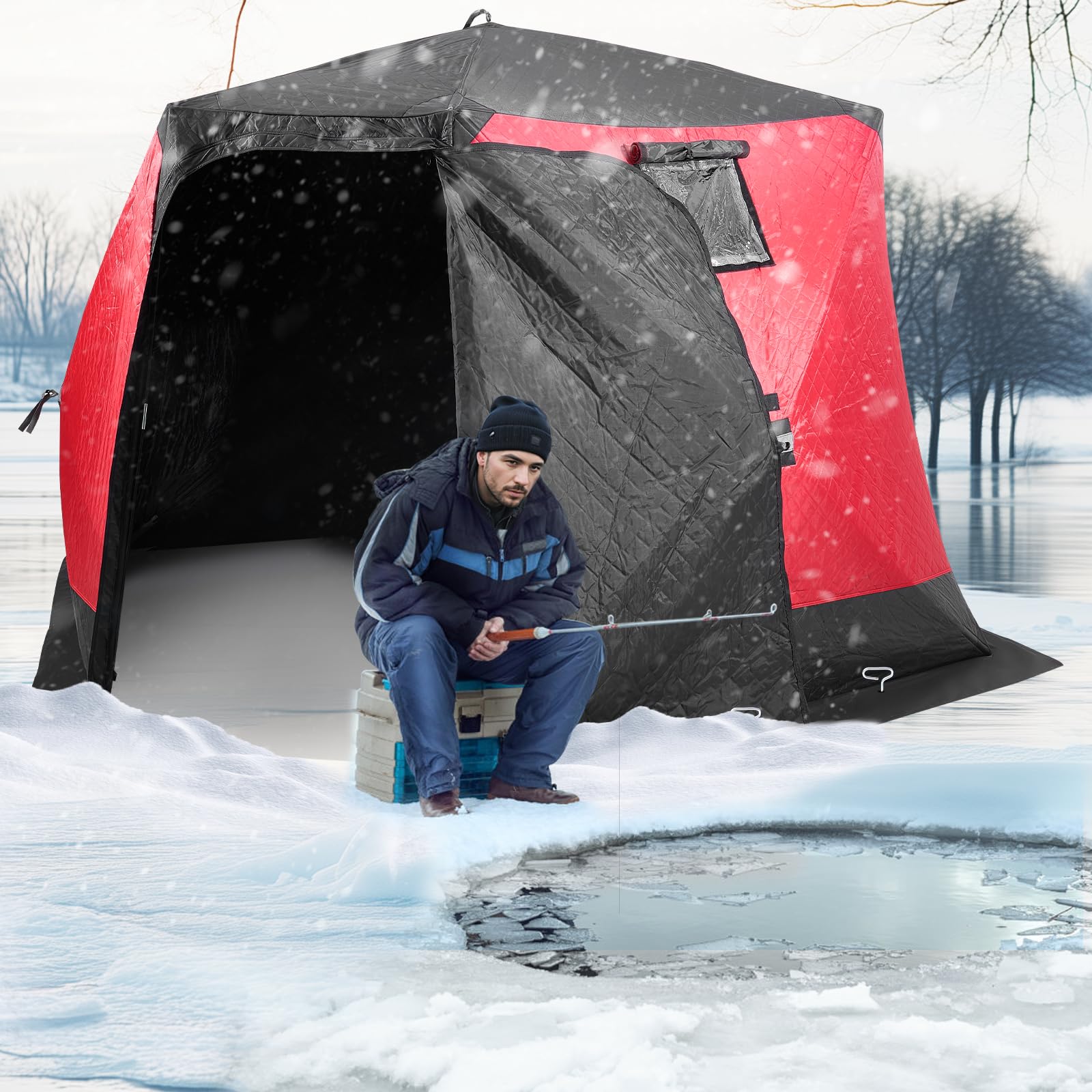 Vevor Pop Up Ice Fishing Tent, 4-6 Person Large Insulated Shelter, 87X79X78 50Sq Ft Fishing Area, Portable Hub-Style Shanty For