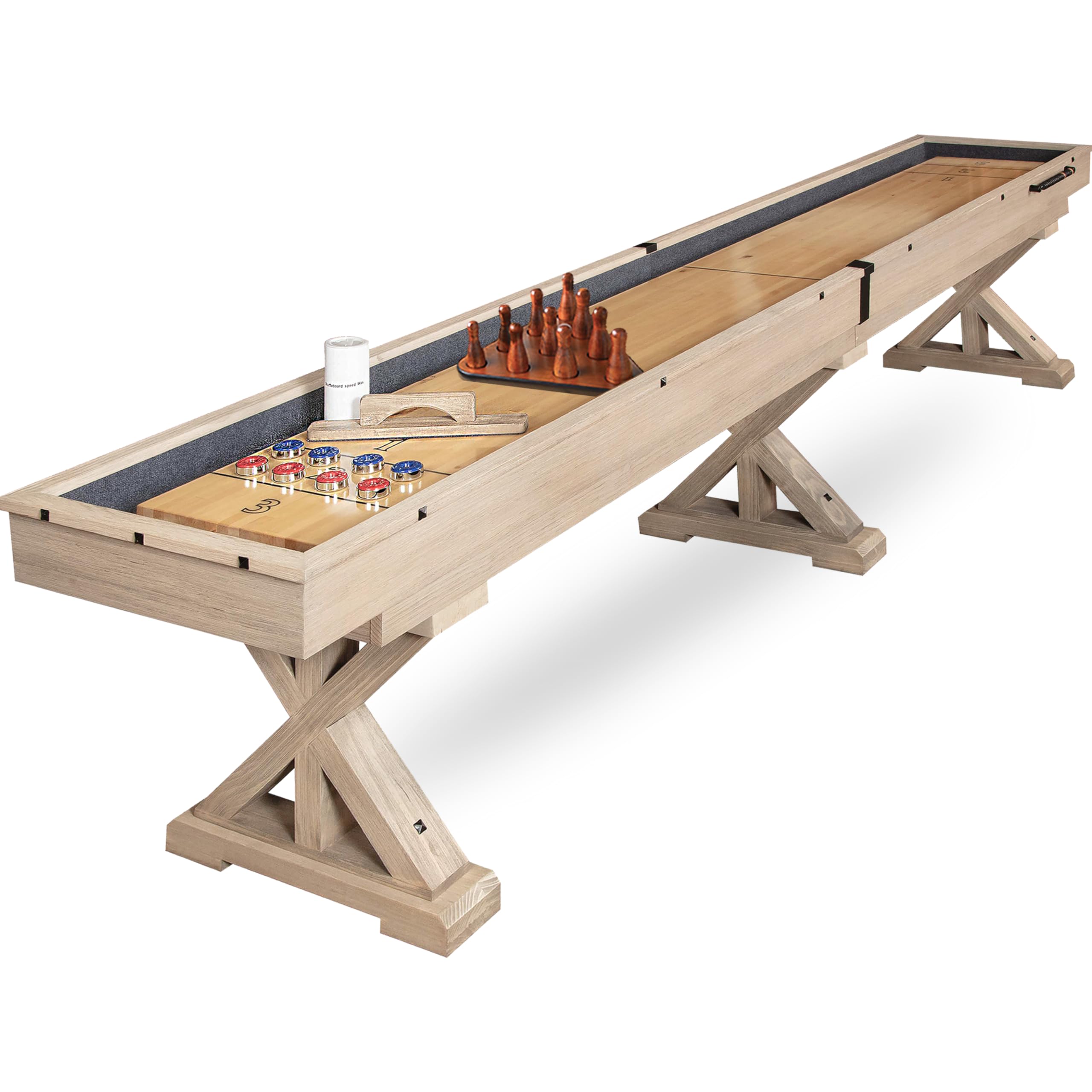 Freetime Fun 12 Ft Shuffleboard Table Multi Game Solid Wood Game Tables For Game Room - Shuffleboard Bowling Pin Set, Pucks, Wax