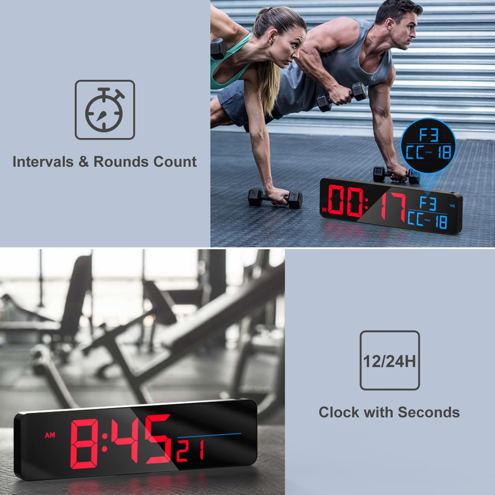 Anjank 15 Large Gym Timer, Led Digital Wall Clock With Seconds, Timing For Workout, Interval & Rounds, Countdown/Up/Stopwatch/12