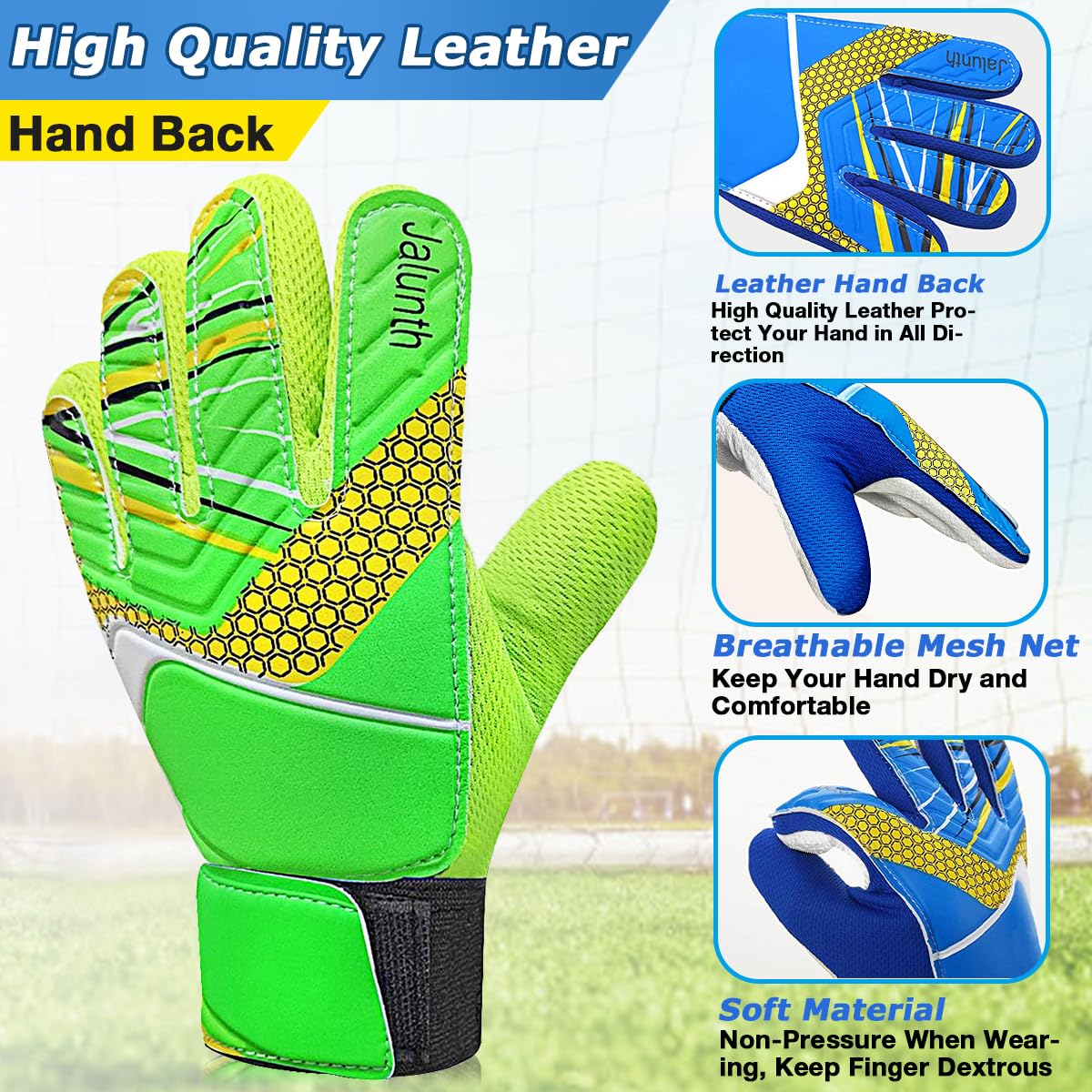 Jalunth Kids Youth Soccer Goalkeeper Goalie Gloves Boys Girls Goal Keeper Field Player Glove Ages 9-10 Years Old Green White Ant