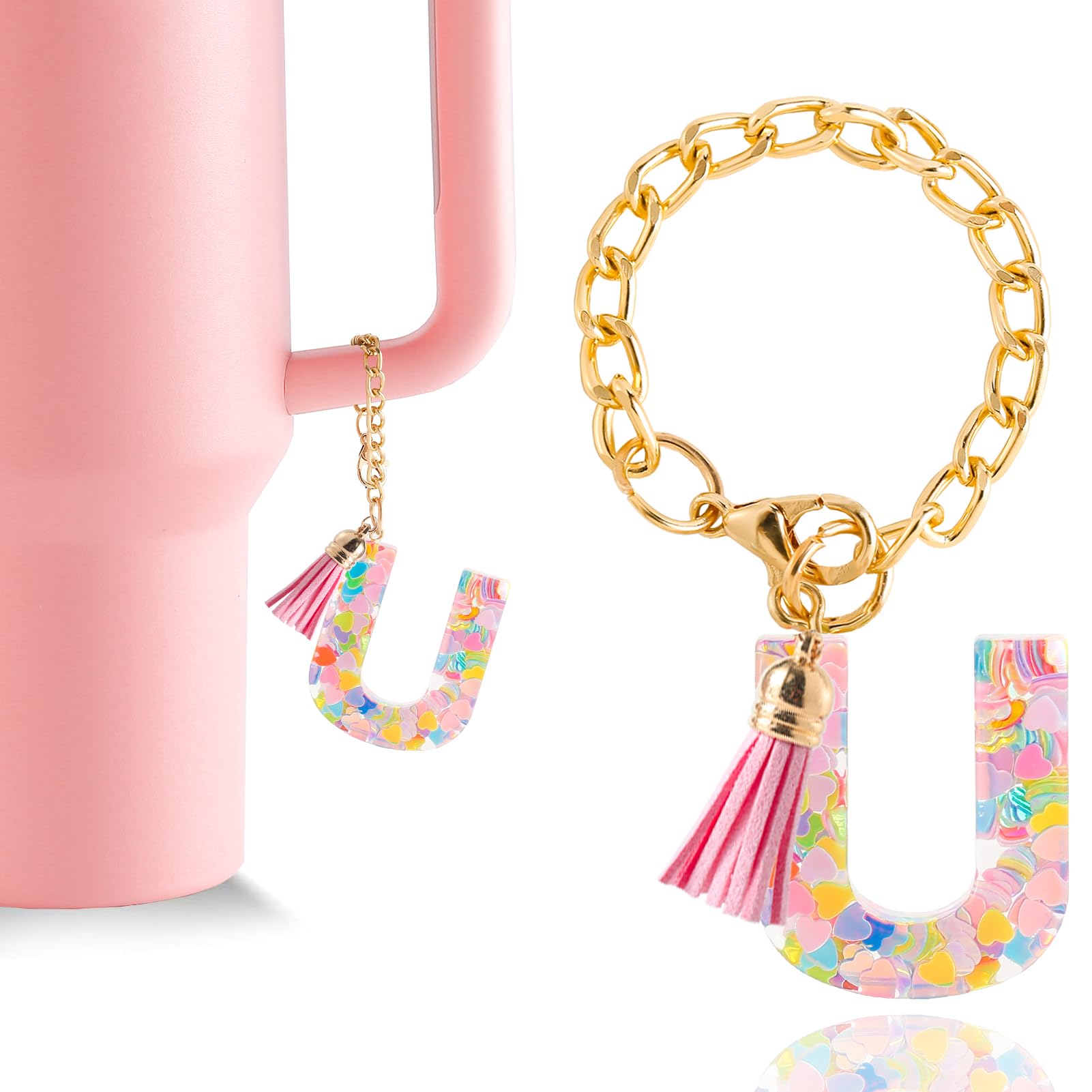 Letter Charm Accessories for Stanley Cup 1 PCS Cute Initial Keychain Handle Charm for Stanley Tumbler for Women Pink Letter U