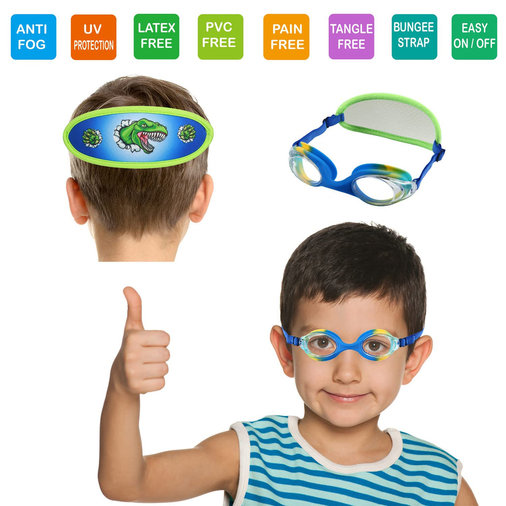 Ruigao Kids Swim Goggles Age 2-6, Toddler Goggles No Hair Pull,Child Goggles Padded Headband (1Pk Jr - Green Dino)