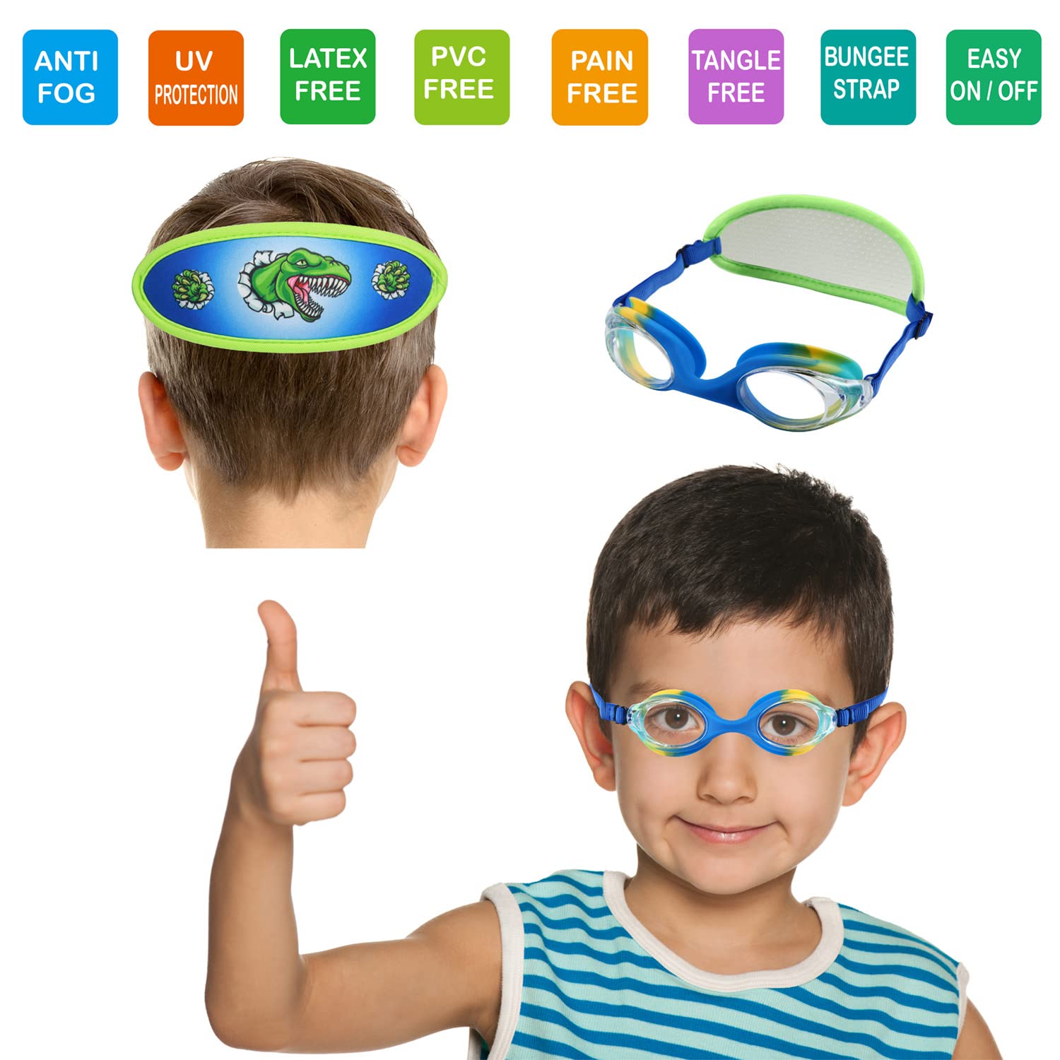 Ruigao Kids Swim Goggles Age 2-6, Toddler Goggles No Hair Pull,Child Goggles Padded Headband (1Pk Jr - Green Dino)
