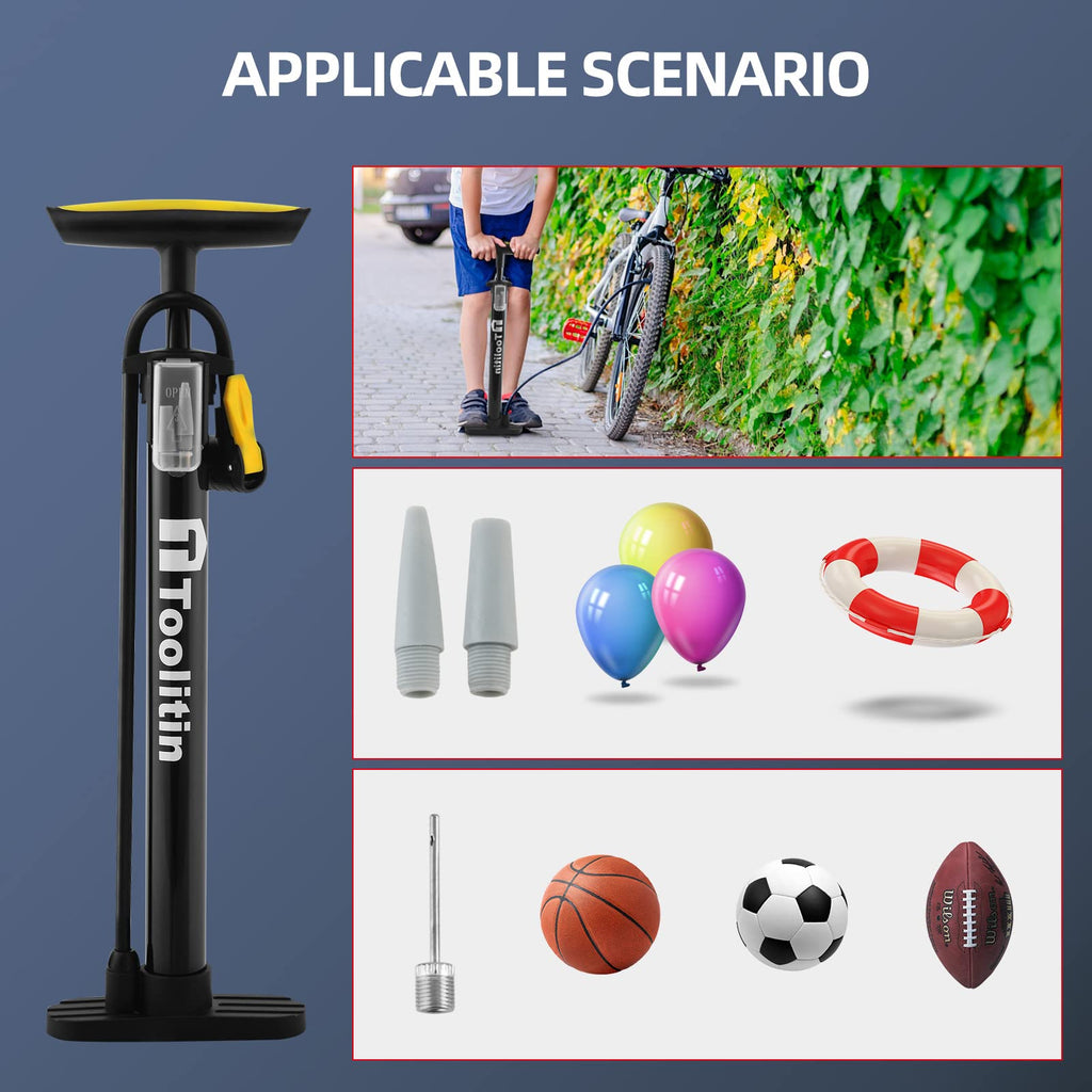 Toolitin Bike Pump Portable Floor Bicycle Tires Air Pumps With Presta And Schrader,Multifunctional Ball Needle, For Mountain And