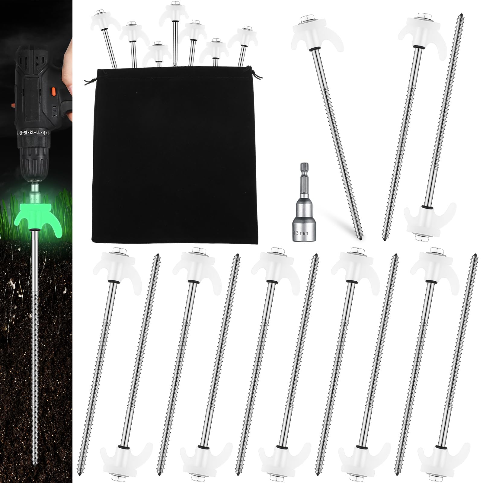 Yaocom Ground Anchors Screw In 8 Inch Tent Stakes Heavy Duty Metal Stakes Threaded Hex Head Driver Tent For Camping Garden Infla