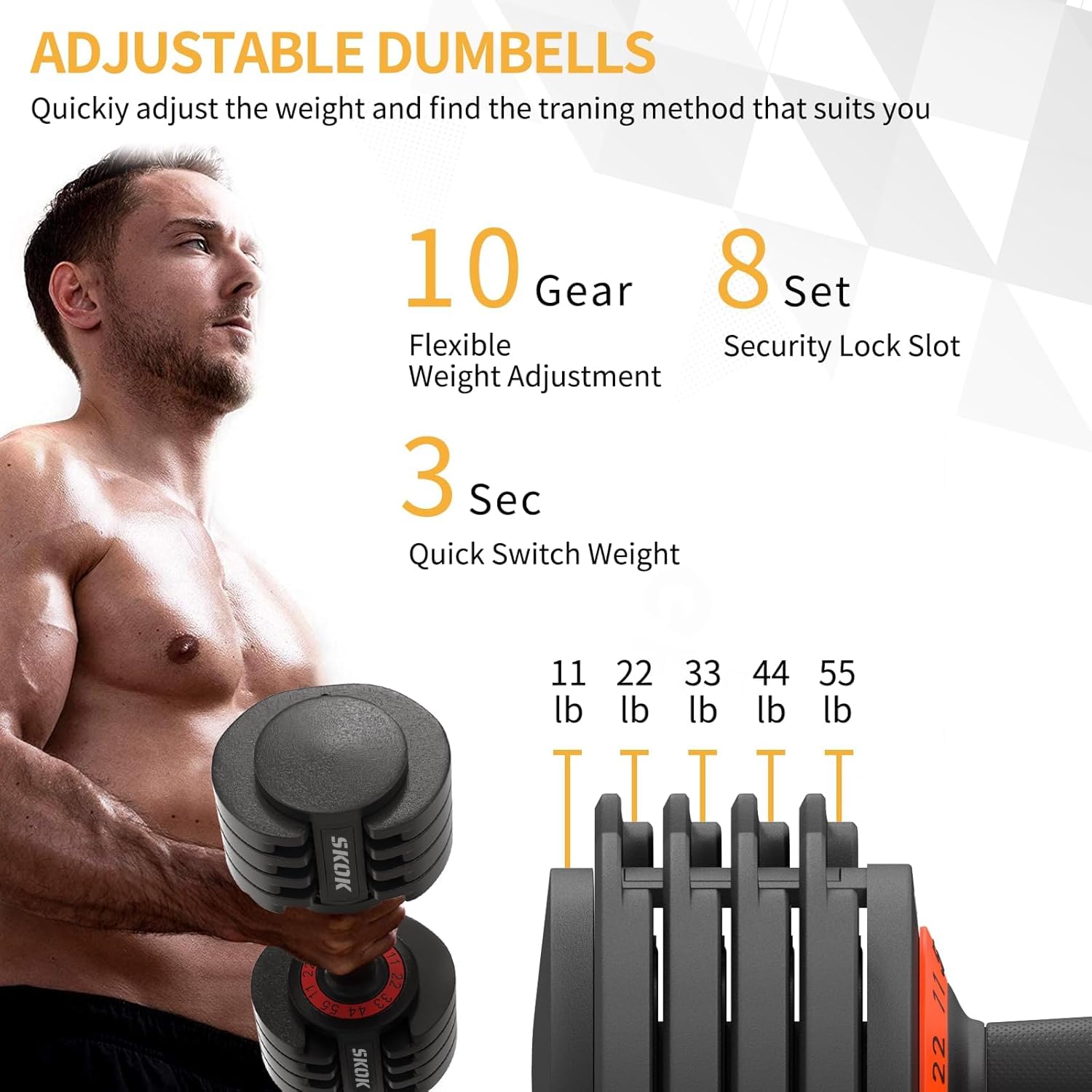 Skok 55 Lbs Pair Adjustable Dumbbells Set, Adjustable Weights Dumbbells Set For Men And Women With Anti-Slip Fast Adjust Weight