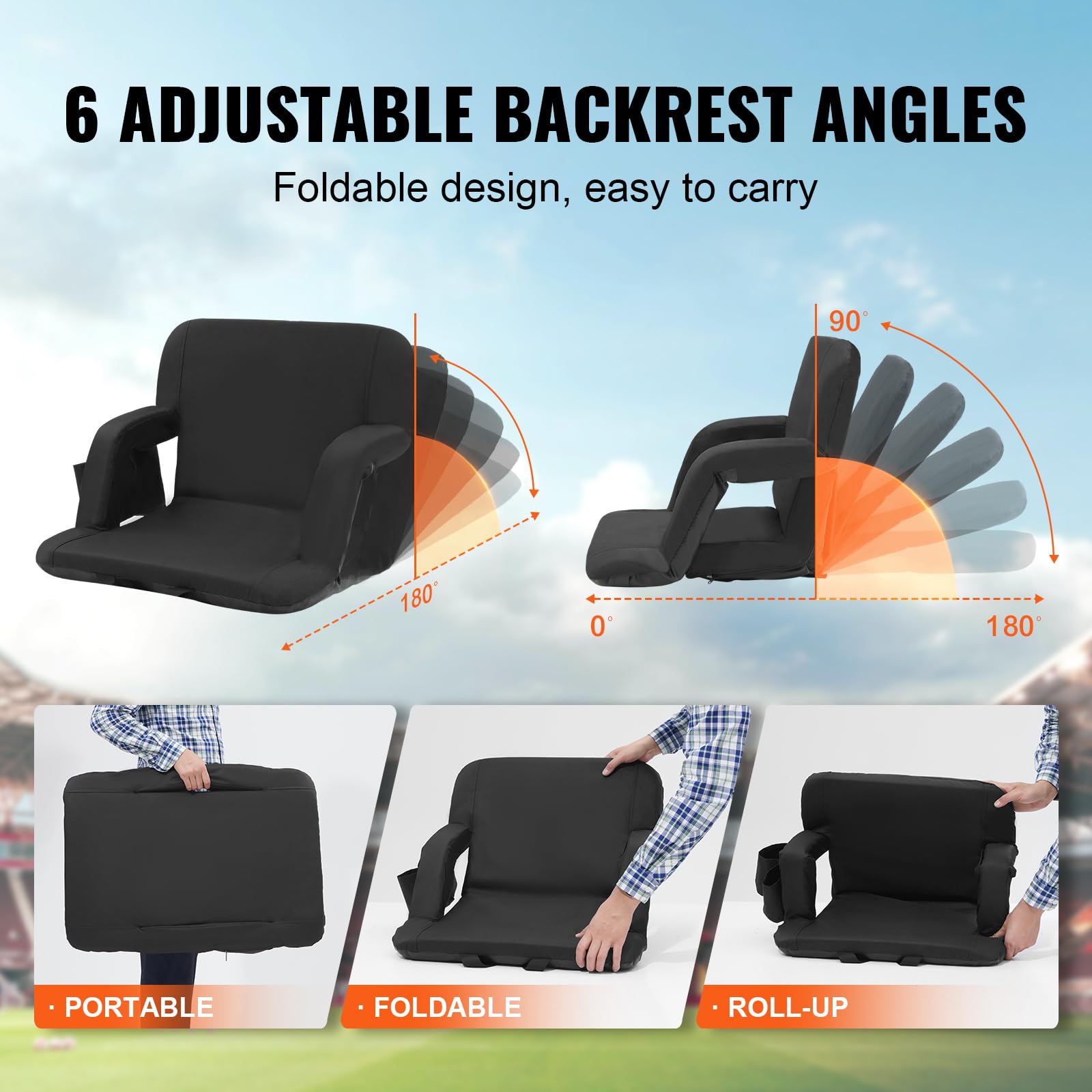 Vevor Stadium Seat With Back Support, Wide Bleacher Seat Back, Folding Padded Cushion Stadium Chair, Portable Reclining Chair Wi