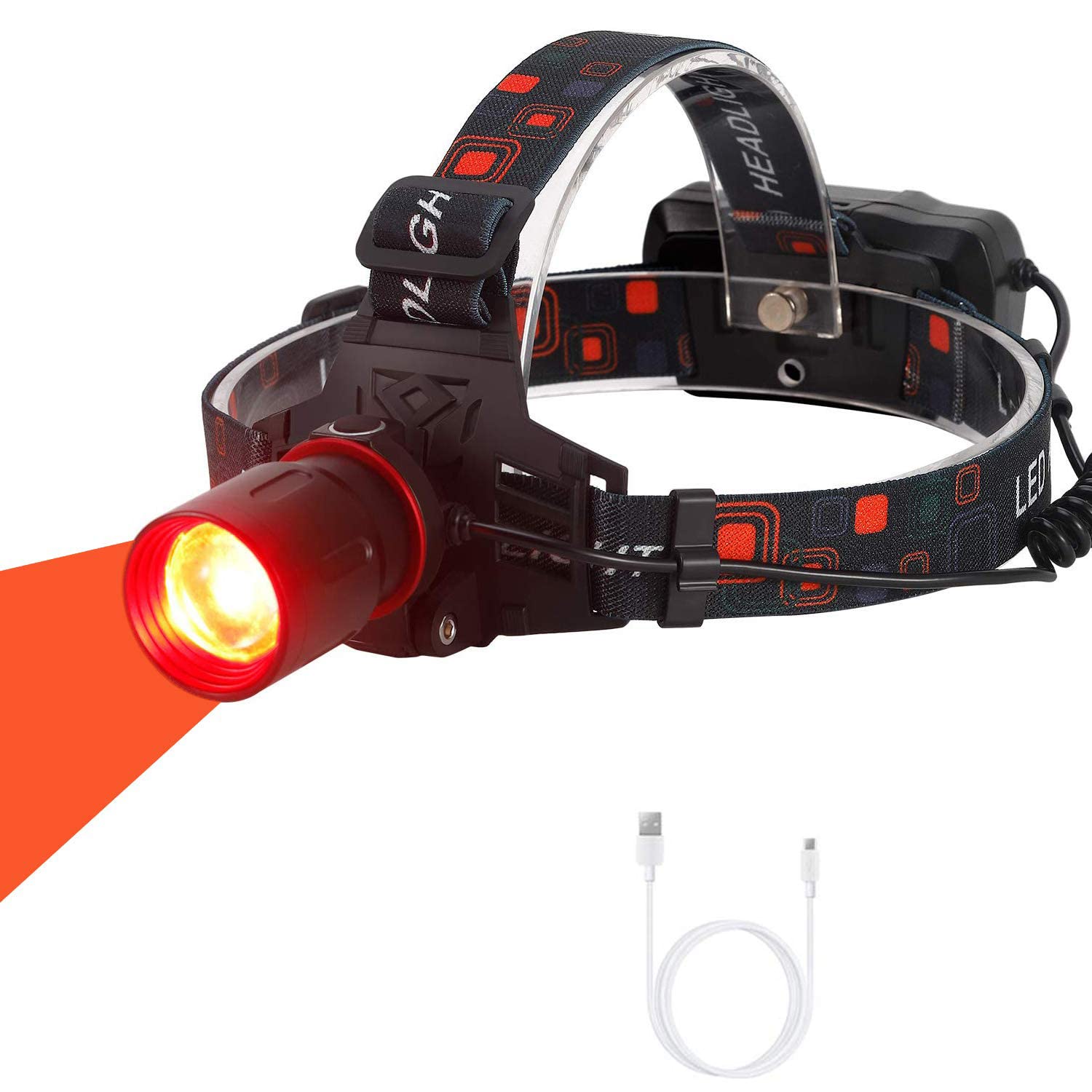 WINDFIRE New Brightest Red Light Hunting Headlamp Zoomable 3 Modes Bright Head Lamp Rechargeable Waterproof Headlight for Coyote