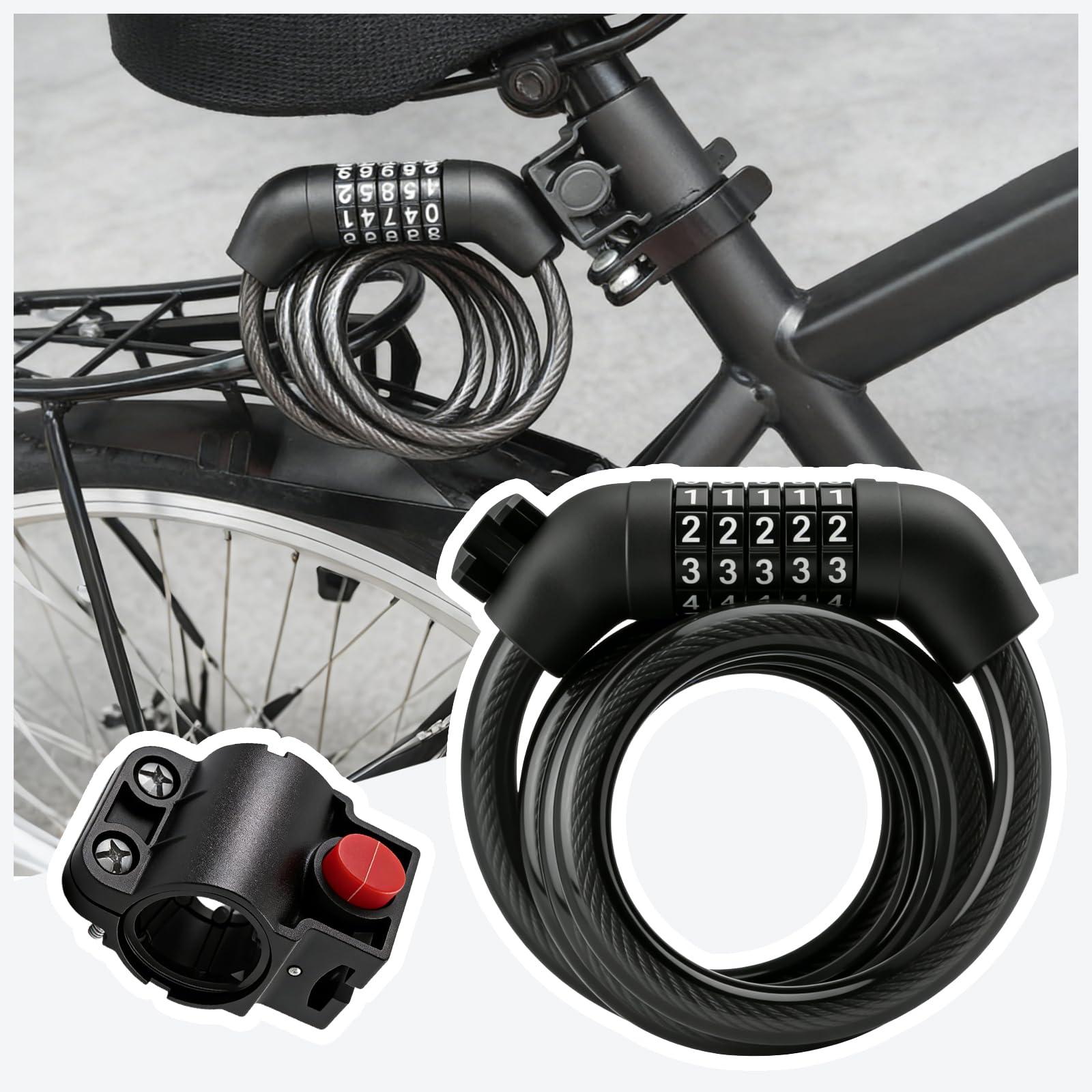 4FT 5-Dial Resettable Long Bike Lock Cable,High-Strength Anti-Cut Bike Cable Locks with Quick-Release Mount,Universal Cables Bik