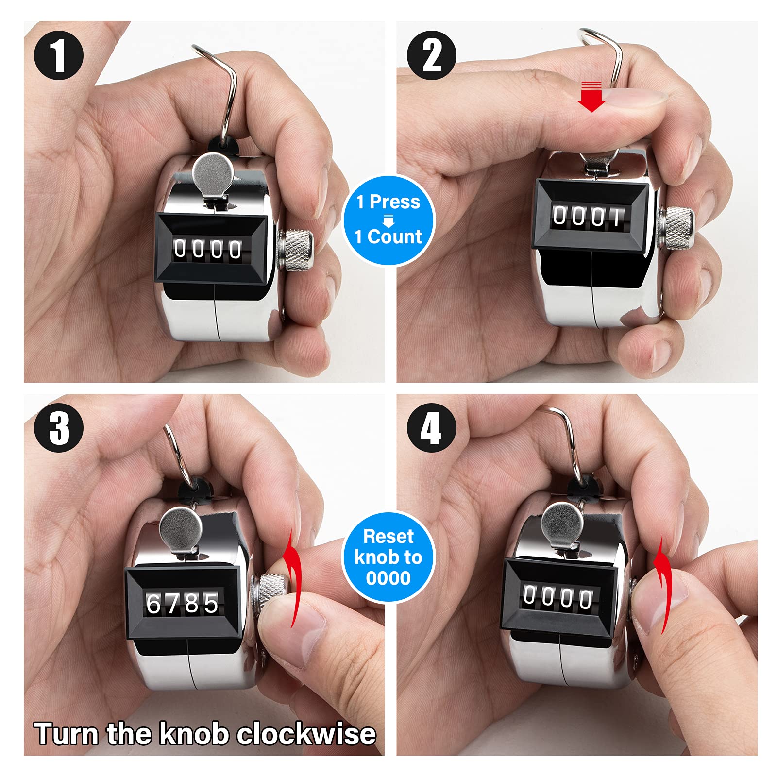 Sdarming Tally Counter, 4-Digit Clicker Counter, Metal Hand Tally Counters Clicker Pitch Counter For Counting, Knitting, Coachin