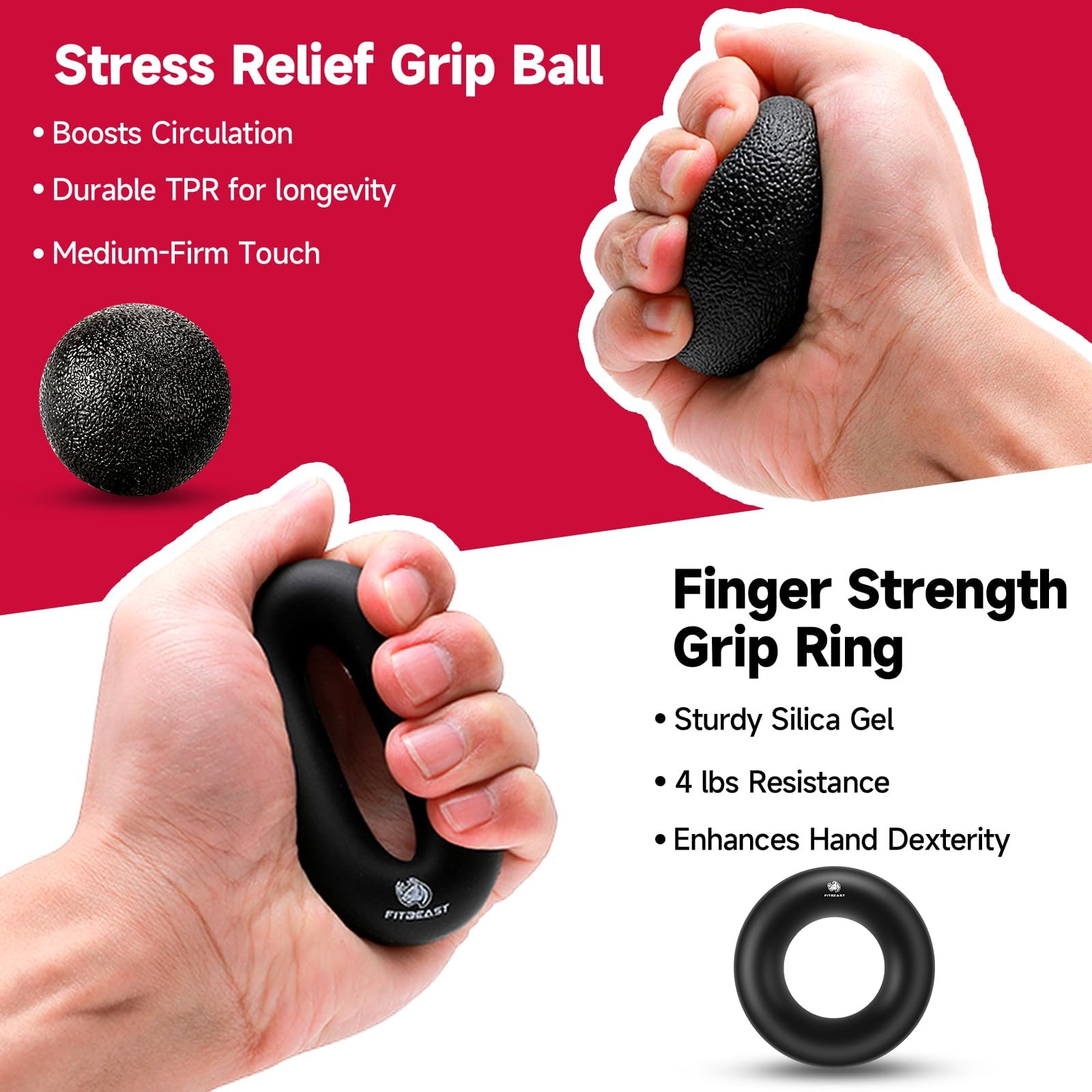 Fitbeast Hand Grip Strengthener Workout Kit (5 Pack), 2 Forearm Grip Adjustable Resistance Hand Gripper, Finger Stretcher, Grip