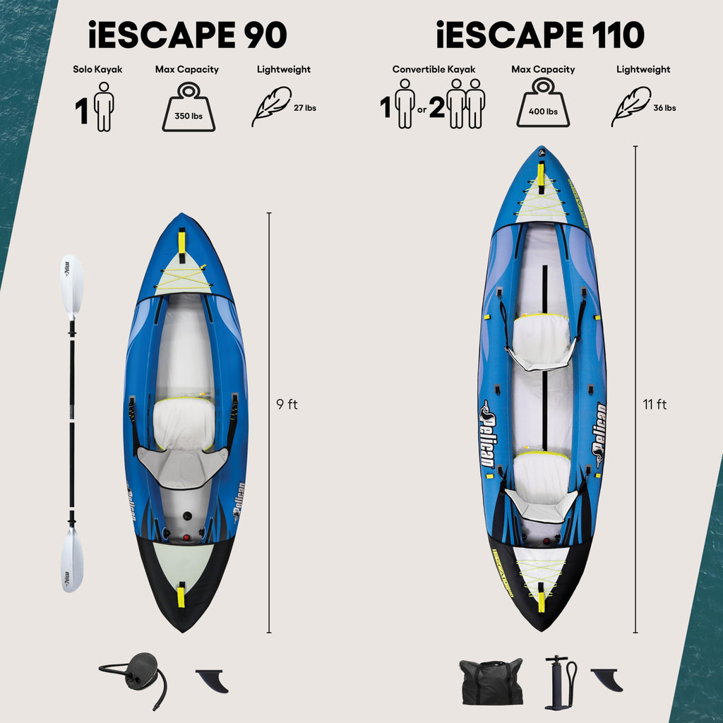 Pelican iESCAPE 110 Inflatable Convertible Kayak - Recreational Single or Tandem Kayak - Compact, Stable and Fun All in One - Tr