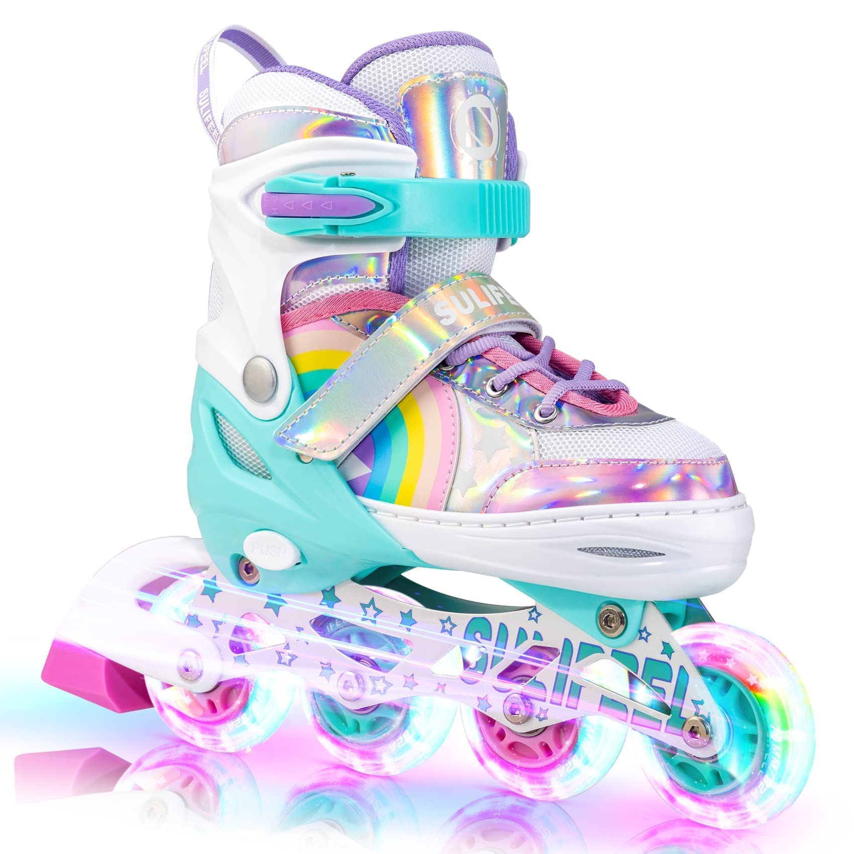 Sulifeel Rainbow Unicorn Inline Skates For Girls Boys 4 Size Adjustable Light Up Wheels Roller Blades For Kids Beginner Medium