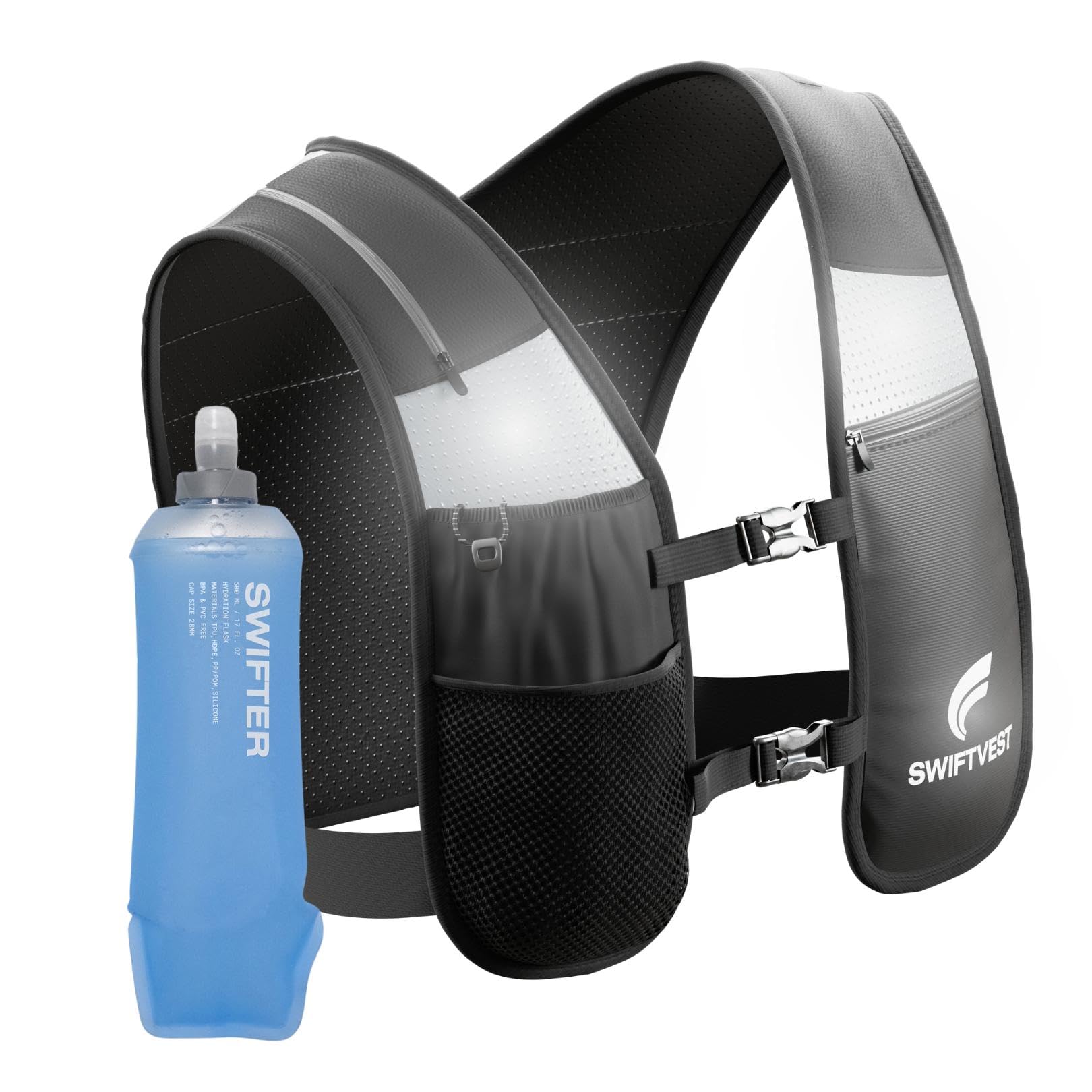SWIFTVEST Running Phone Holder Vest with 6 Pockets & 500ml/17oz Water Bottle | Reflective Hydration Vest | Men & Women