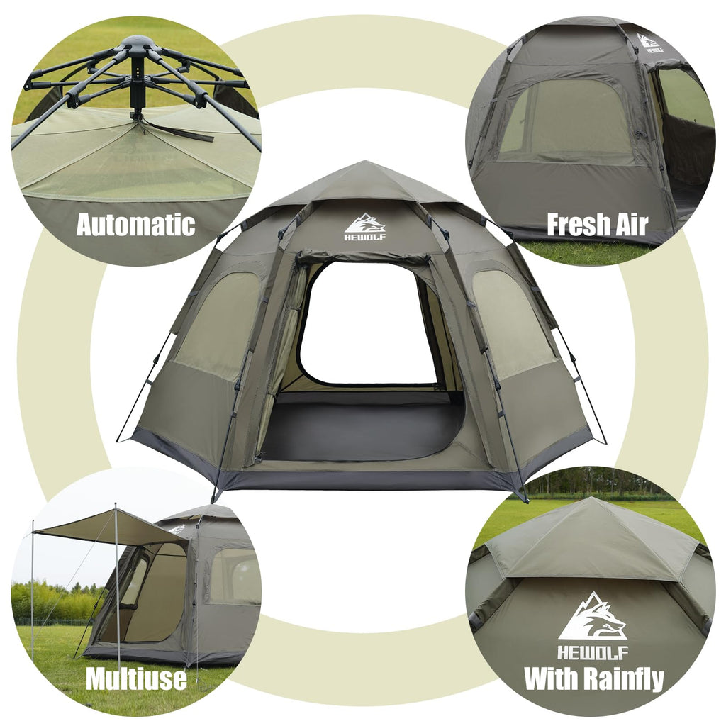Hewolf 2/3/4 Person Camping Tent - Instant Pop Up Waterproof 2 Doors Tent With Easy Setup | 3-Season Hexagonal Dome Design For F